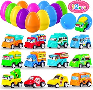 MGparty 12 Pack Prefilled Easter Eggs with Car Toys for Kids Bulk Plastic Eggs Pull Back City Truck Vehicles Easter Goodie Bags Stuffers for Toddlers Boys Girls