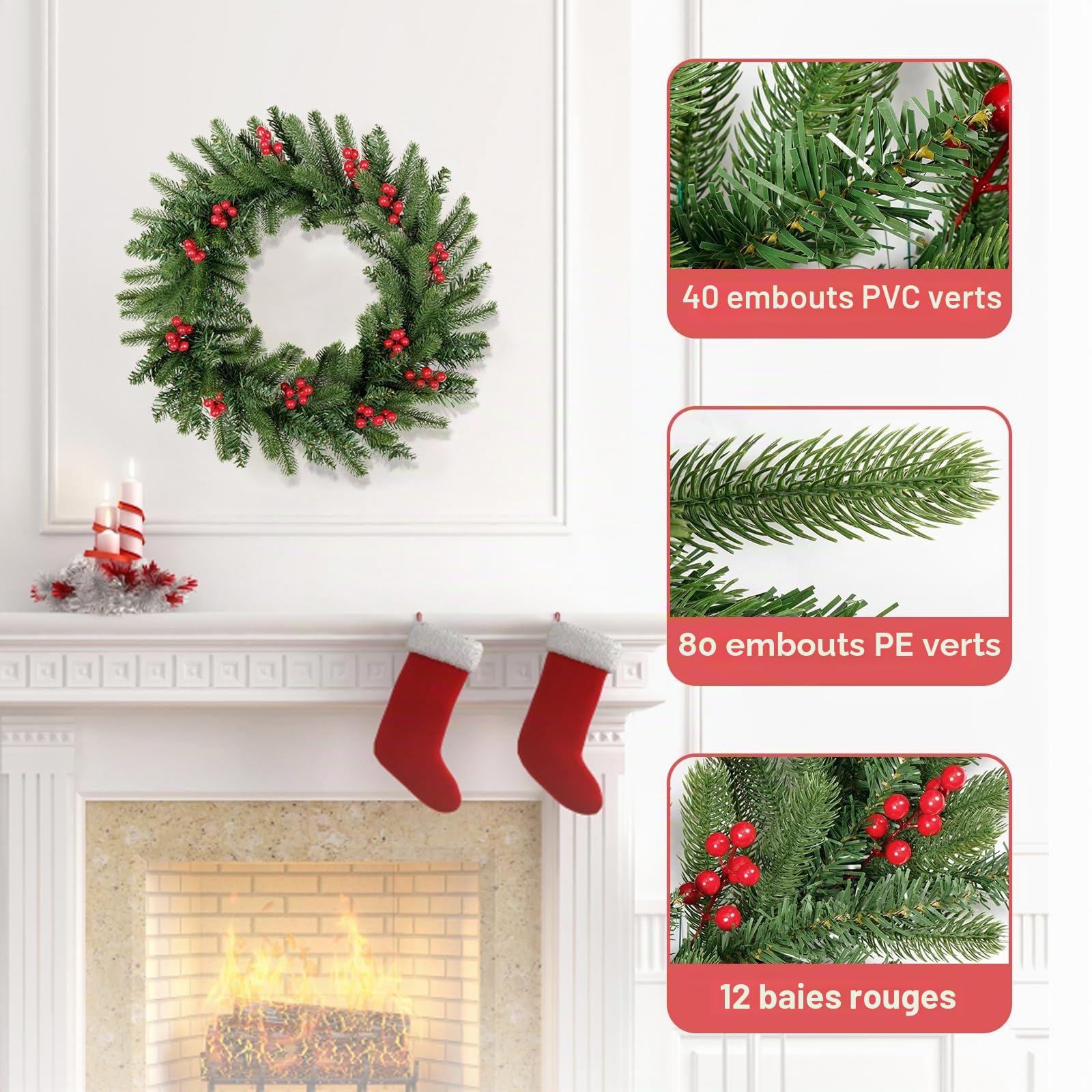 Uten Couronne de Noël, Diamètre 50CM Guirlande de Noël Artificielle, Décoration de Couronne pour Noël pour Porte D'entrée,Cheminée et Décoration Mural