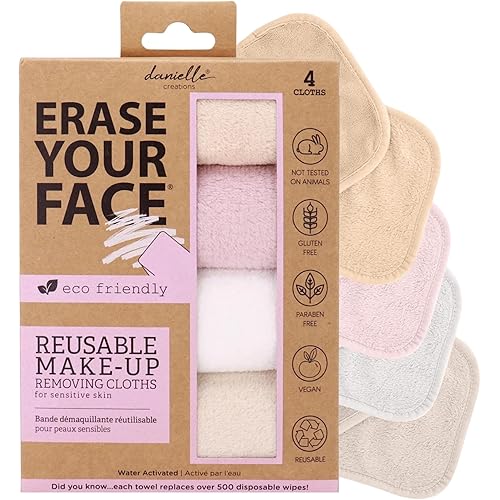 ERASE YOUR FACE Face Reusable Makeup Removing Cloths With Friendly Packaging By Danielle Enterprises 4 pack D50007, ECO, 1 Count