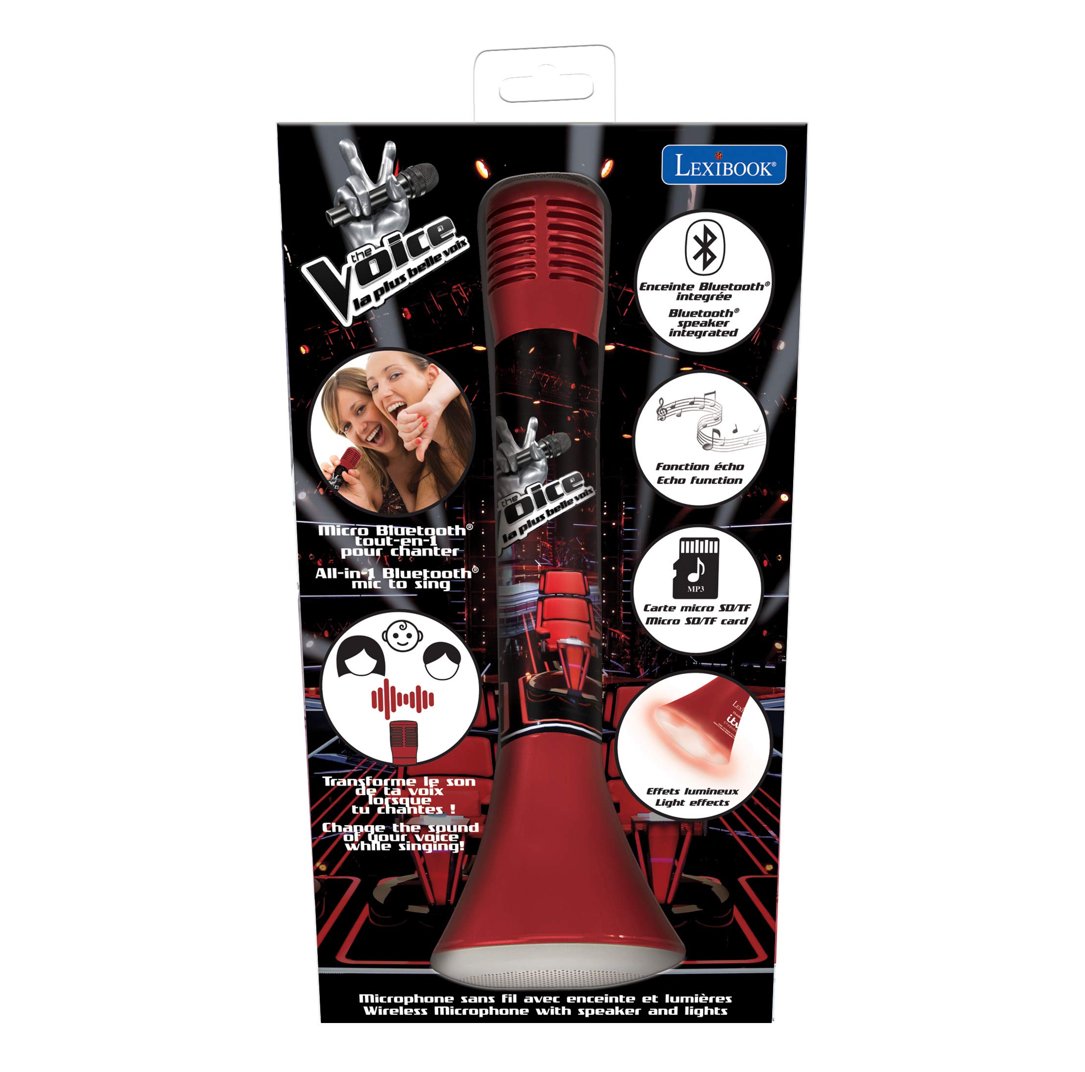 LEXIBOOK, The Voice, Karaoké Micro Star Bluetooth® con función de Cambio de Voz, micrófono para Cantar, Altavoz Luminoso Integrado de 3 W, Ranura para Micro SD, Rojo/Negro, MIC210TV