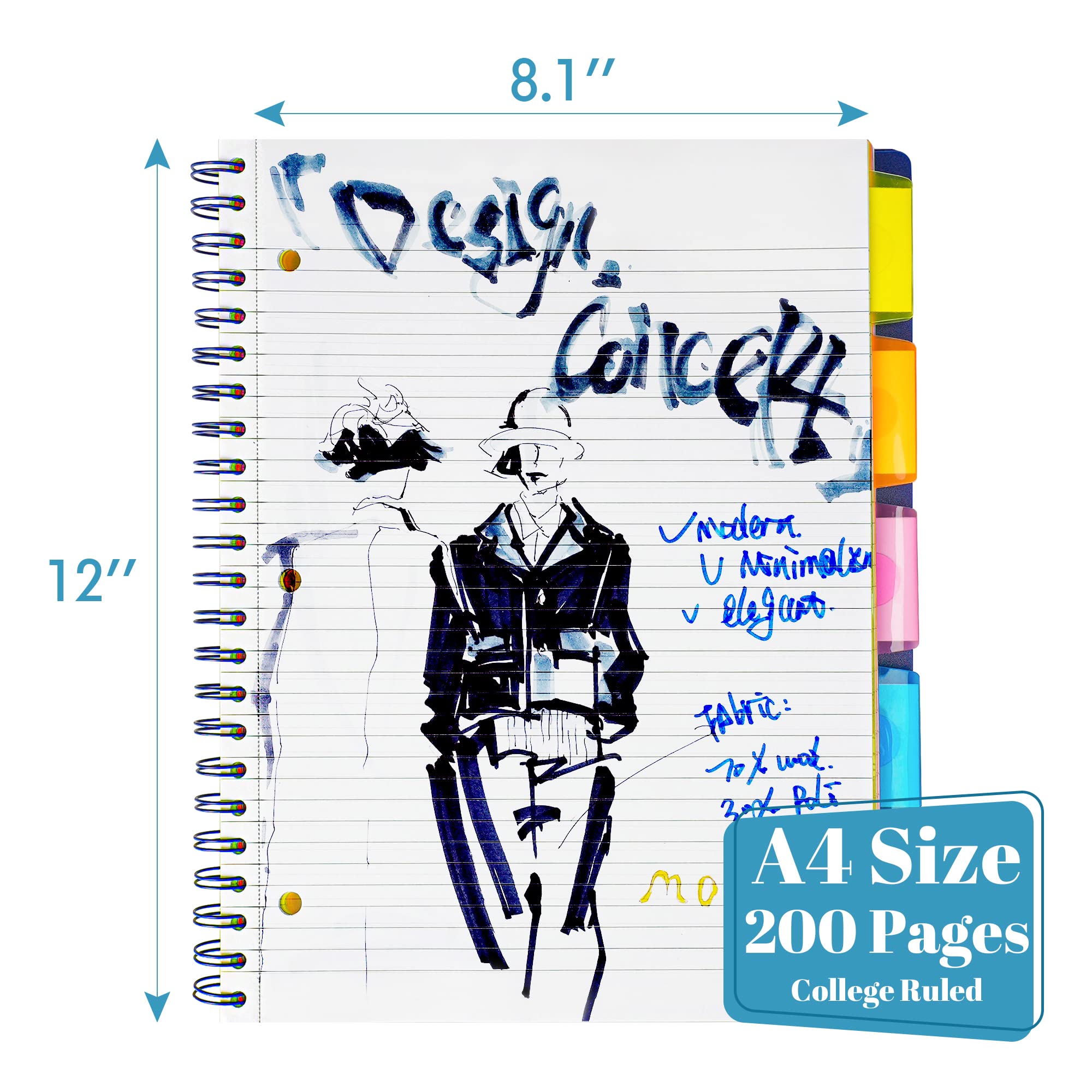 Lot de 3 carnets à 5 sujets lignés avec poches de rangement, onglets d'index, règle de 28 cm, 100 feuilles de 200 pages, pour l'école, le travail, les fournitures de bureau, 20,6 x 200 cm (noir