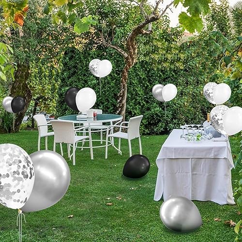 Miniatura 4 de 100 globos metálicos cromados, 12 pulgadas, negro, blanco y plateado con confeti para bodas, compromisos, decoraciones de fiesta negra, cumpleaños