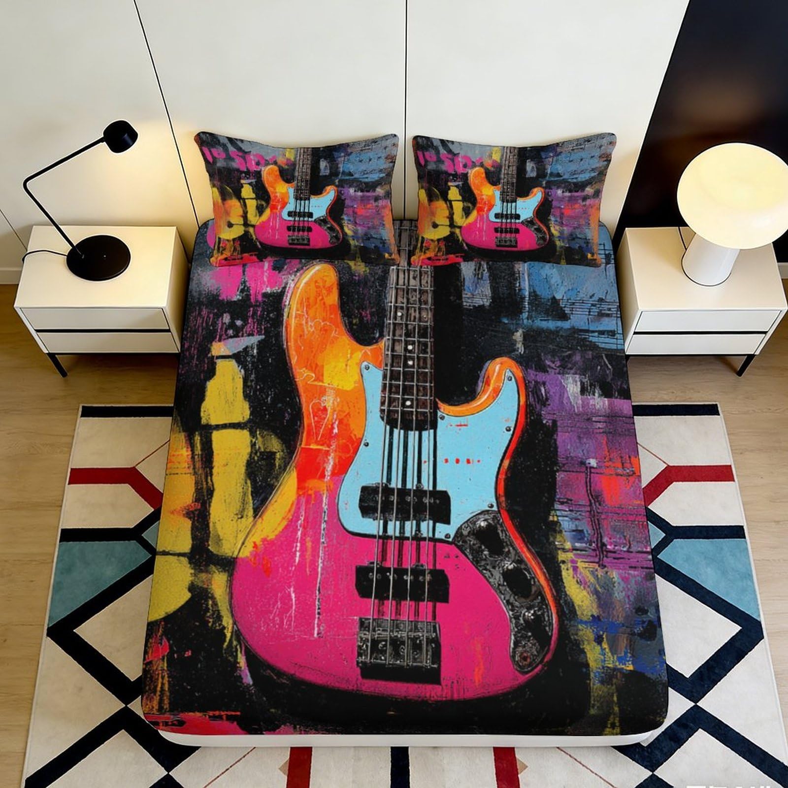 3D Printed Graffiti Guitar Fitted Sheet Microfiber Deep Pocket Non-Slip Bedding Wrap Graffiti Guitar Mattress Fitted Cover for Adults Teens Washable 140x200x25cm
