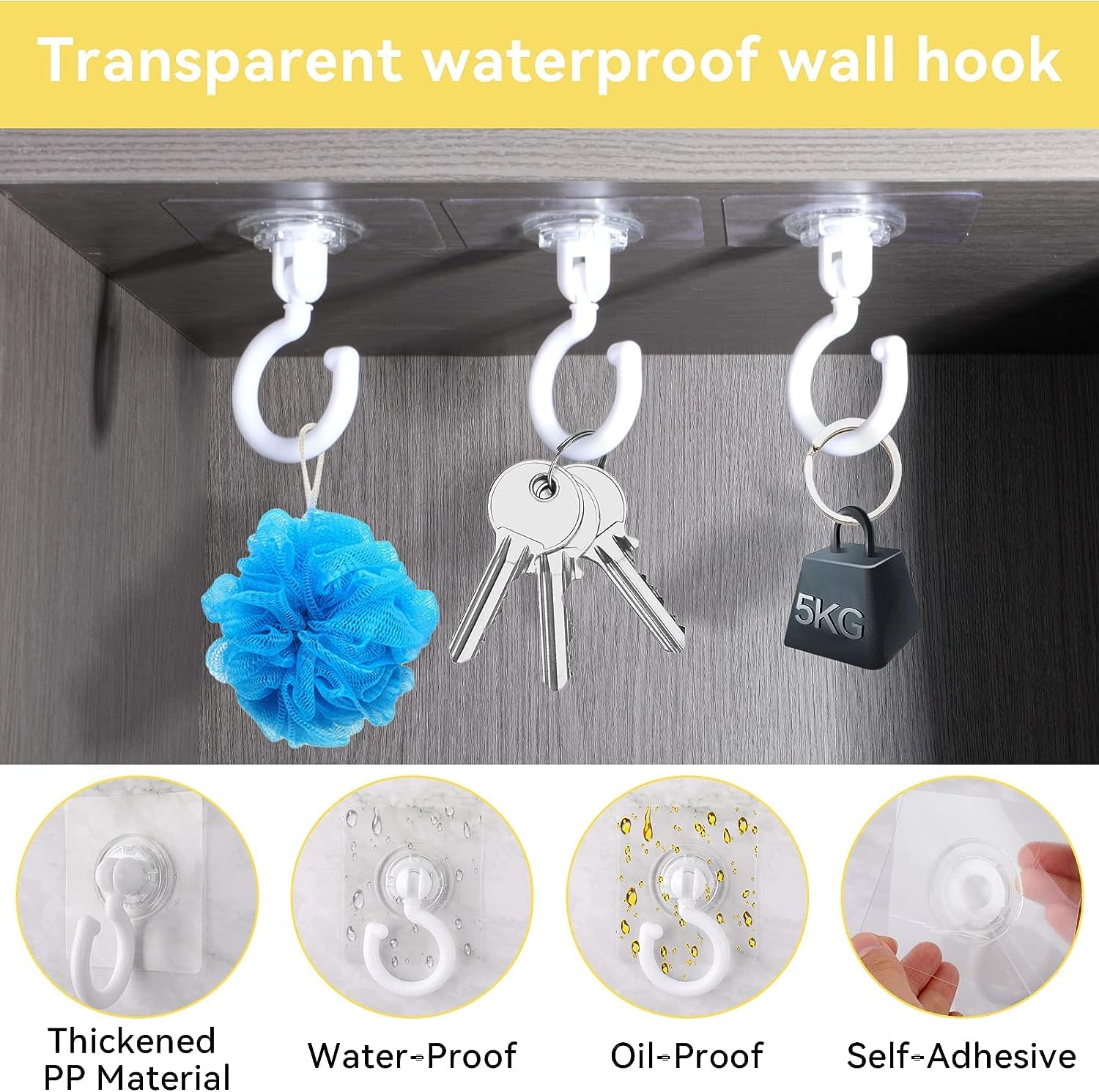 Weysoo Klebehaken Extra Stark, 4 Stück Haken Selbstklebend, Selbstklebende Haken Transparent, Wandhaken Selbstklebend, Haken Ohne Bohren, Klebehaken Decke für Bad Küche Büro Schlafzimmer