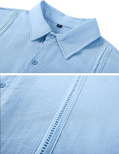 Vista 5 de LecGee Conjunto de ropa de lino para hombre con botones y pantalones cortos de guayabera cubana, conjunto de 2 piezas