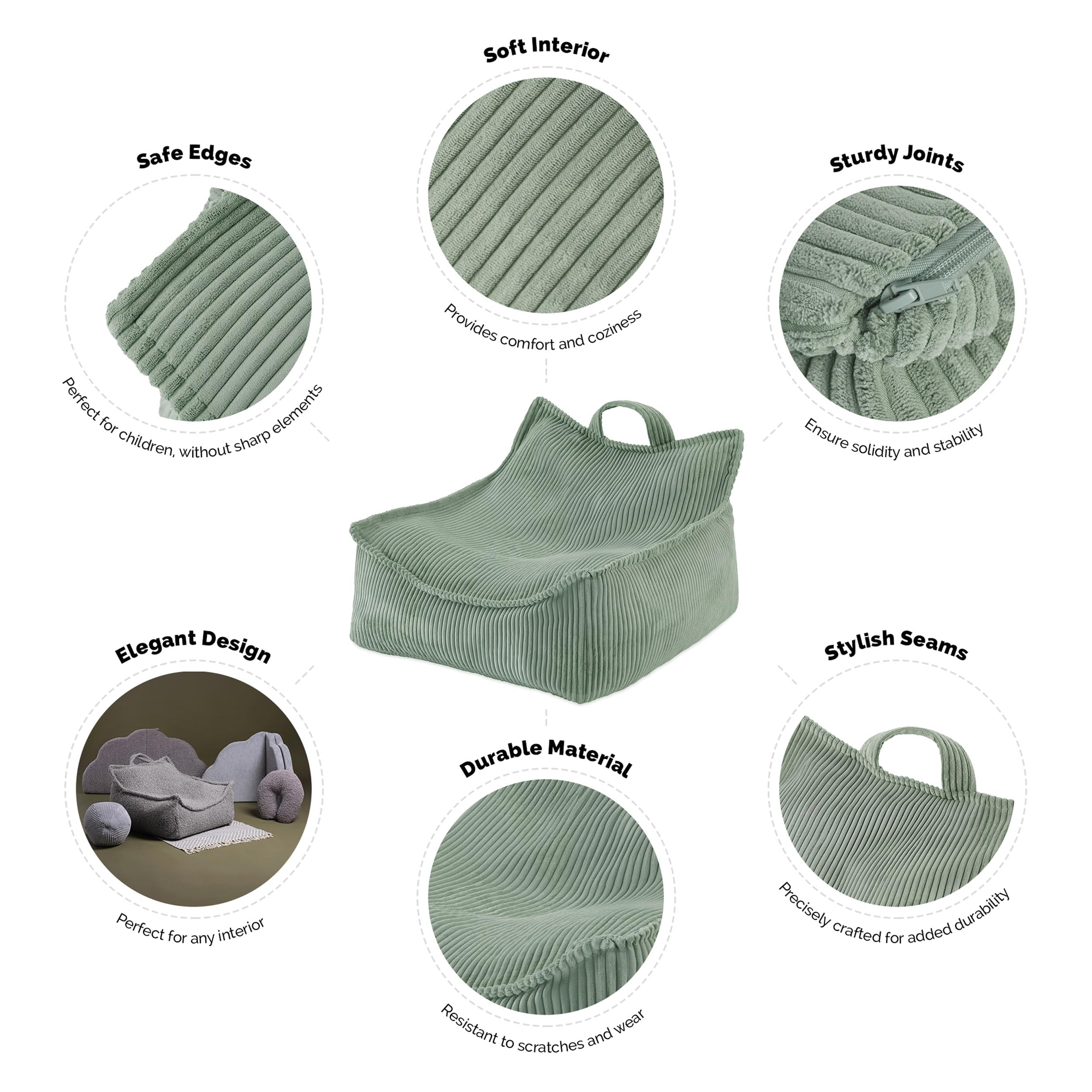 MISIOO - Puf para niños, gran bolsa, para niños, material pana, 77 x 67 x 50 cm, tejido lavable, asa para un fácil transporte, construcción estable y suave, calidad