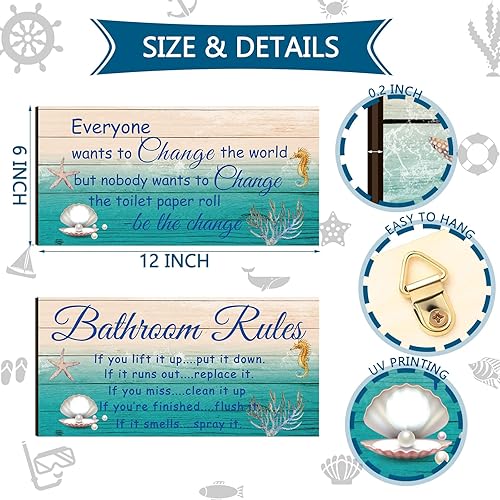Miniatura 3 de Jetec - Decoración de pared de baño de 2 piezas, reglas del baño, arte de pared con flores, letreros de baño divertidos con temática de océano y