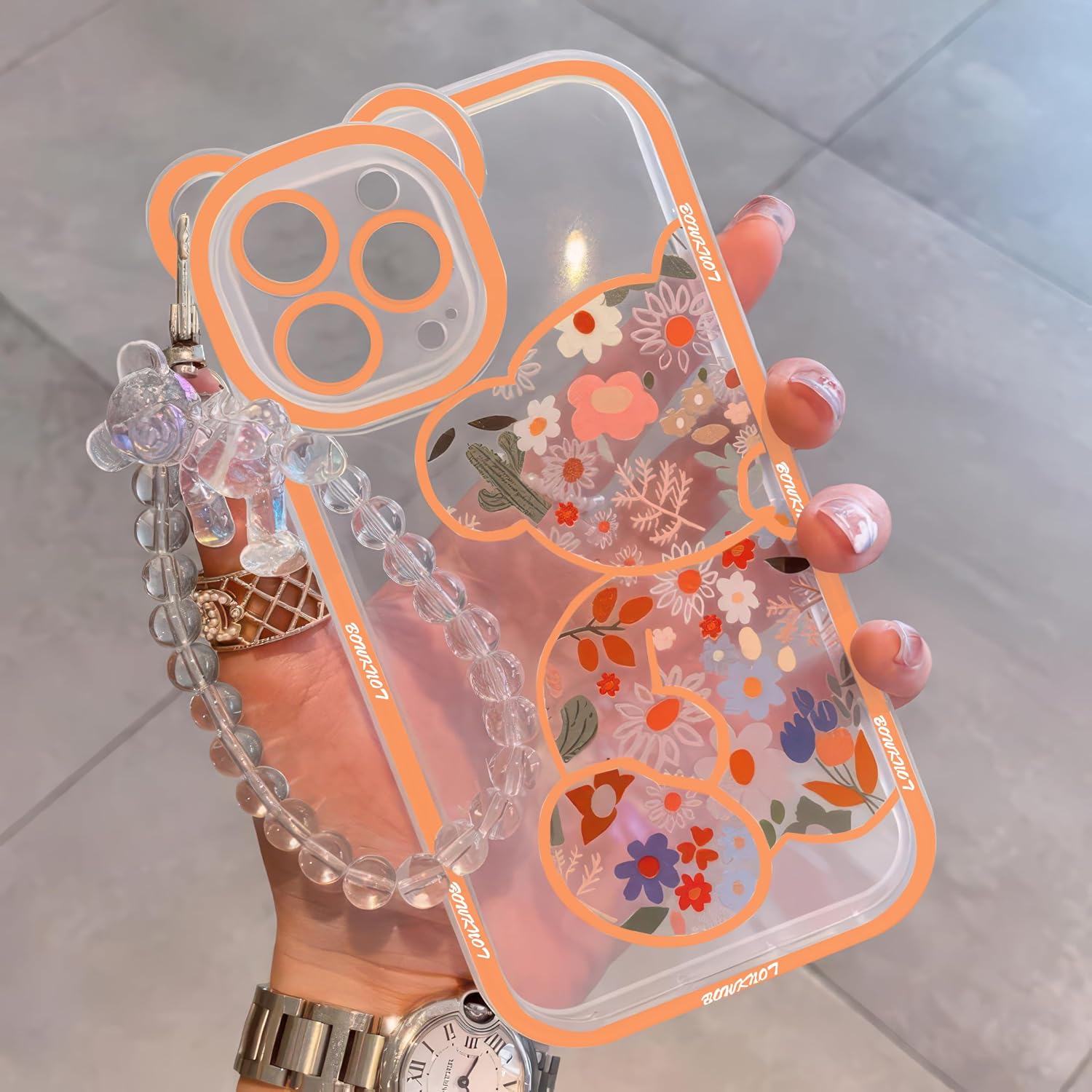 for iPhone 12 Case with Cute Flower Bear Pattern & Detachable Bracelet Chain, Clear Shockproof Protective Cover with Camera Protector for Girls Women, Orange image 4