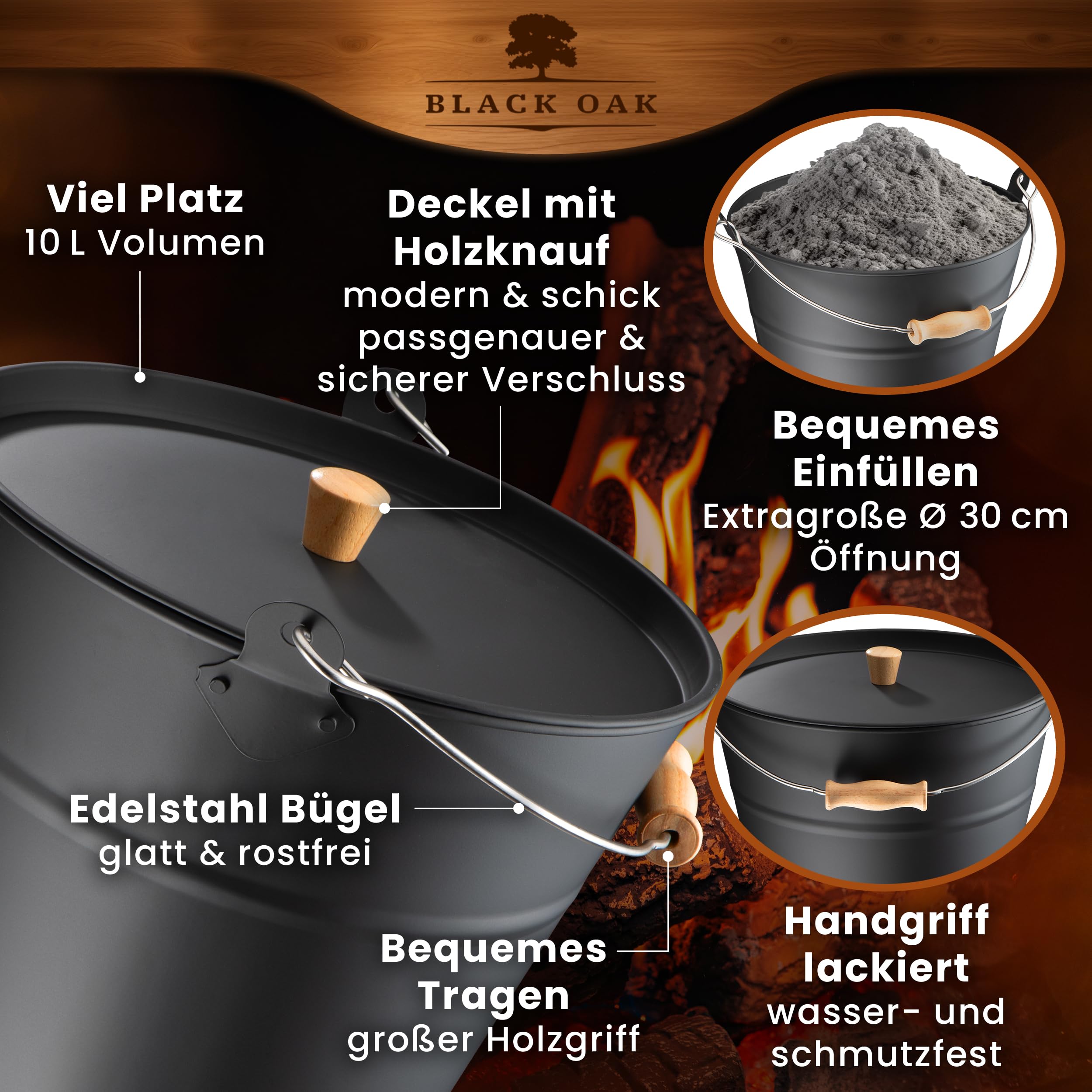 BLACK OAK Lanin Asemmer 8 liter, asemmer zwart met deksel en houten handvat, licht, veger, schep en handschoenen, 8 liter, staal, vuurvast verzinkt en gepoedercoat, voor as, kolenpellets