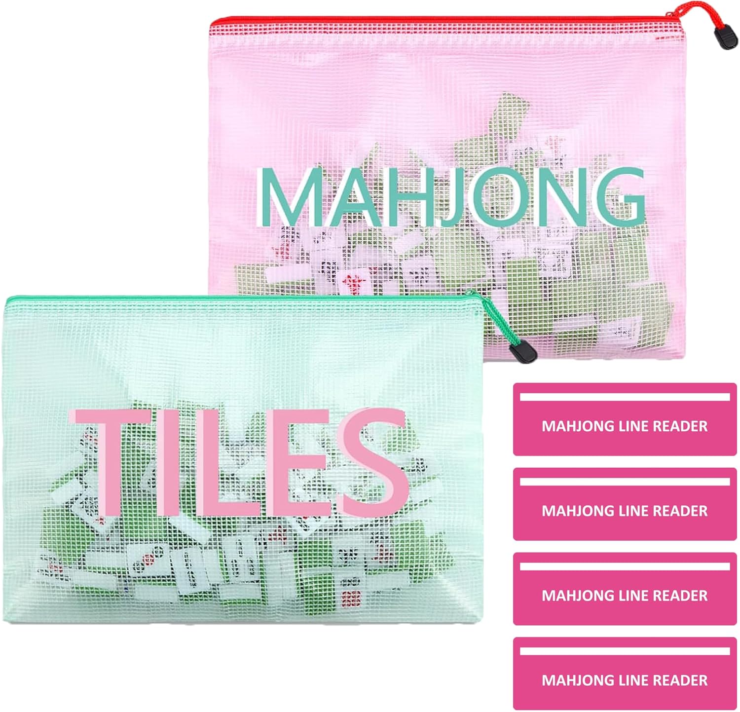 2pcs Mahjong Tile Bag Empty with 4pcs Mahjong Line Finder Card,Asix Toy,Strategy Tool for Beginners,Storage Bag with Zipper,Line Reader,Mahjong Accessories Set and Gift for Women Men Travel,Parties