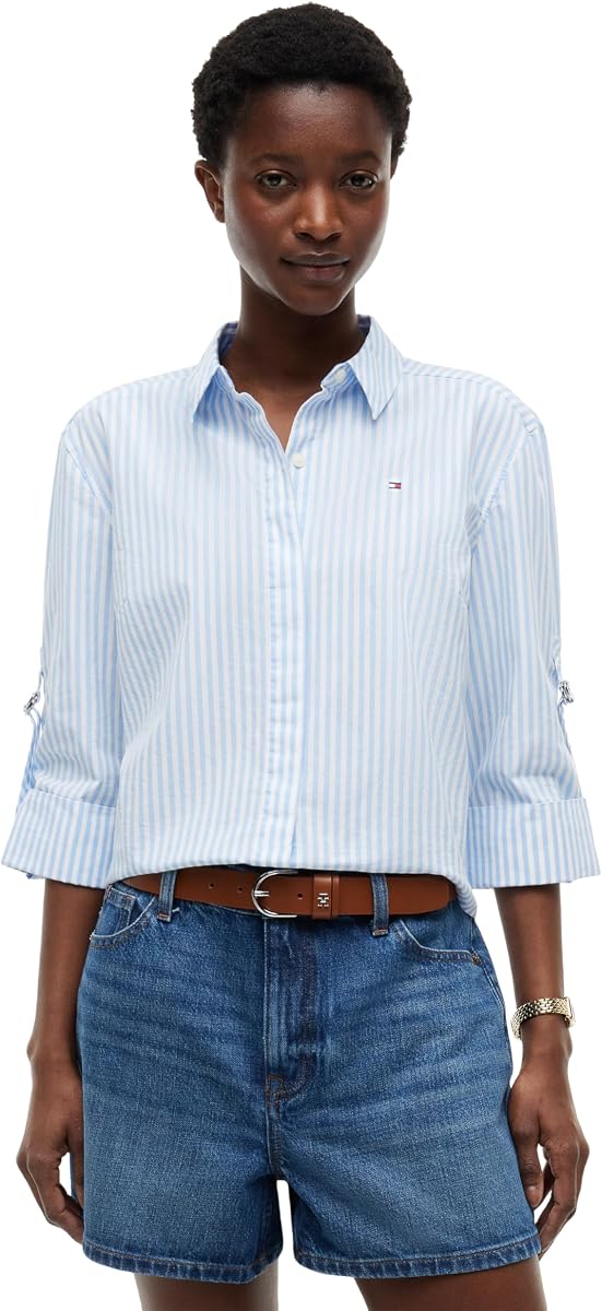 Tommy Hilfiger Camisa corta de popelina de algodón de manga larga con botones y ajuste regular con manga enrollable para mujer