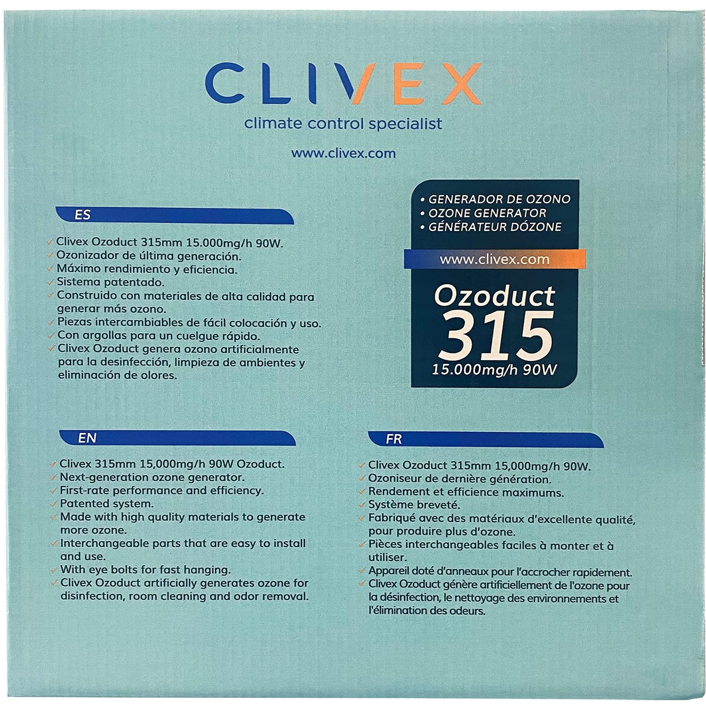 Clivex Ozoduct 315mm (15.000mg/h) Generador de Ozono de Conducto