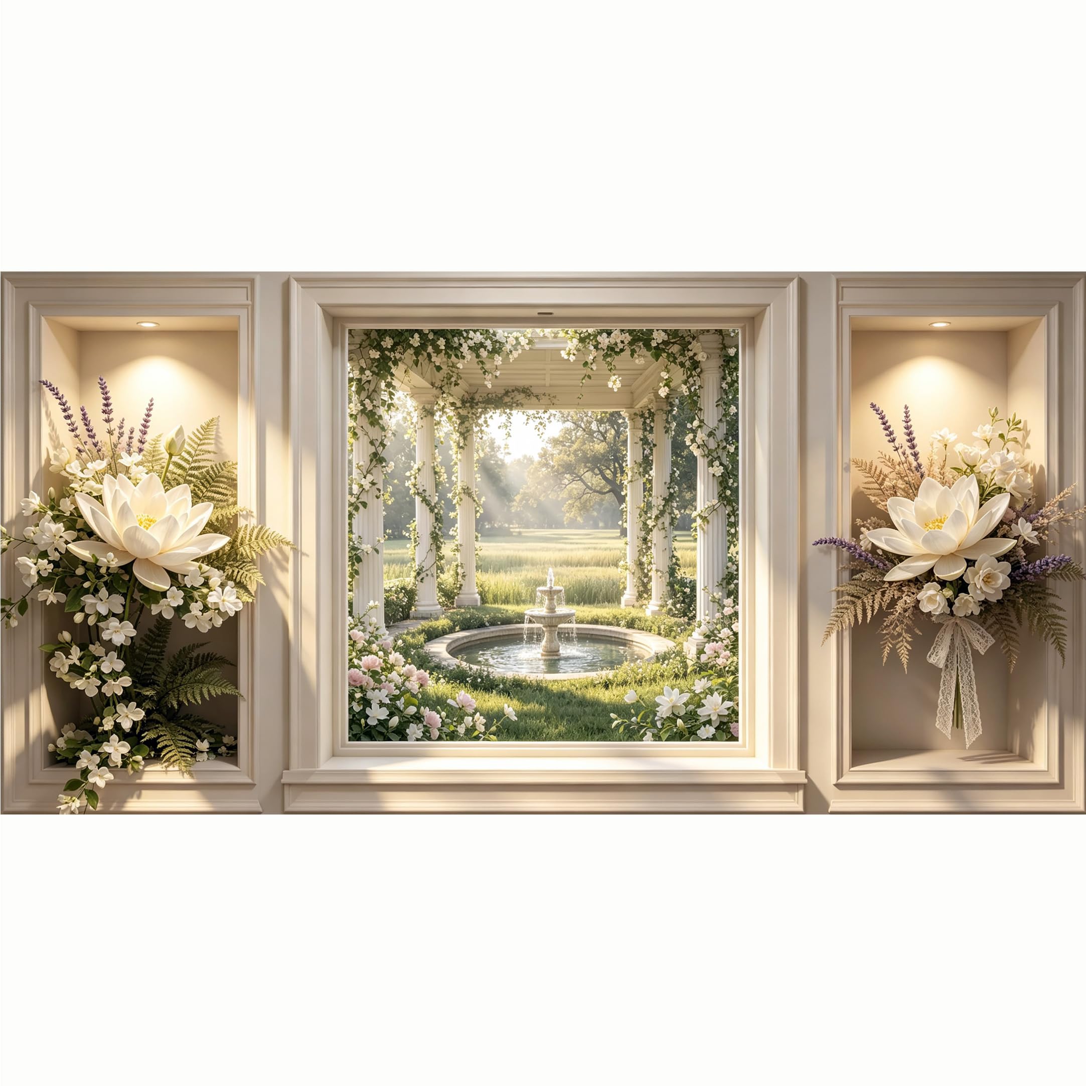 QZLITHOTIC 50x100cm 3D Framed Wall Art， Neoclassical Garden Fountain White Floral Self‑Adhesive Mural， Water‑Activated Peel & Stick Fabric Decor Wall Decal for Bedroom Living Room