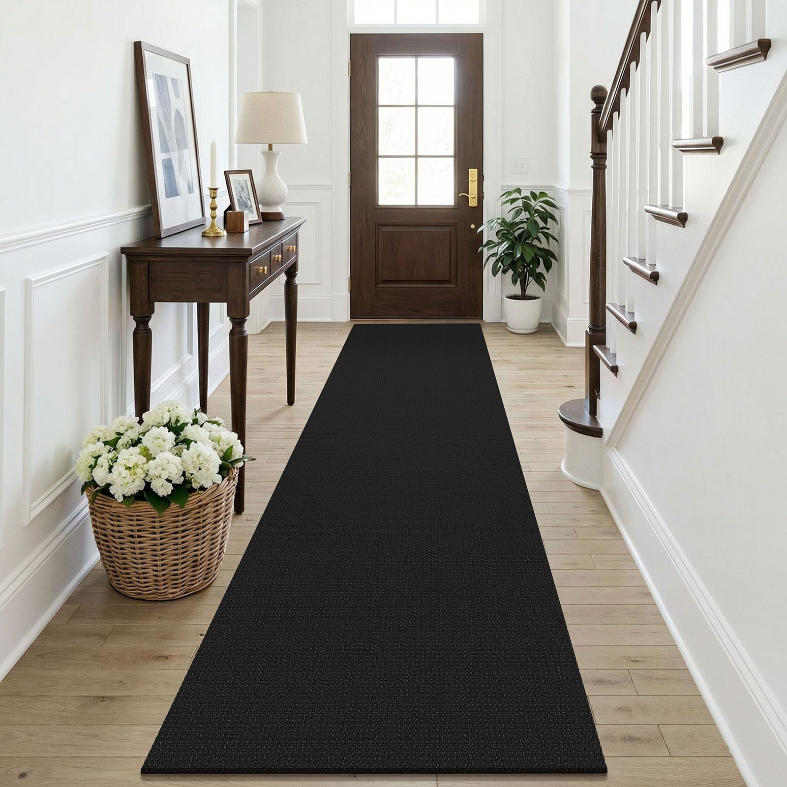 KOZYFLY Black Runners Rugs for Hallway 2.5'x10', Washable Runner Rug, Woven Non Slip Kitchen Runner, Braided Entryway Rug, Floor Carpet for Entry, Aisle, Hall, Black/Dark Grey