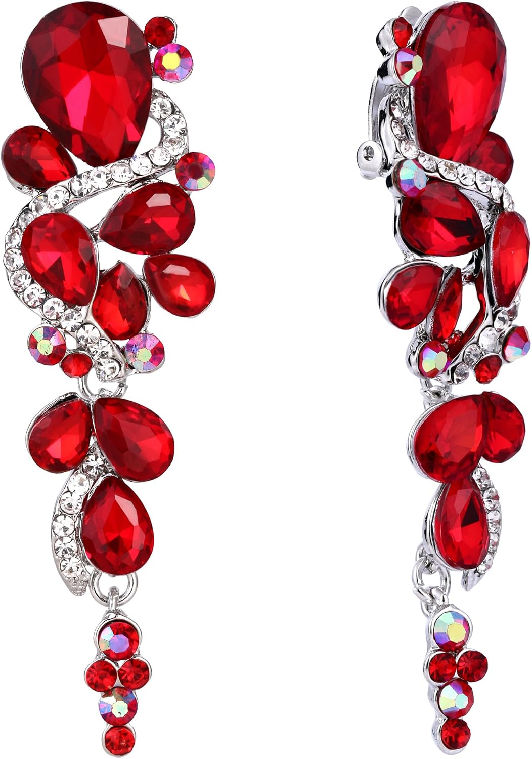 BriLove Wedding Bridal Clip-On Earrings for Women Bohemian Boho Crystal Multiple Teardrop Chandelier Dangle Jewelry Ruby Color Silver-Tone