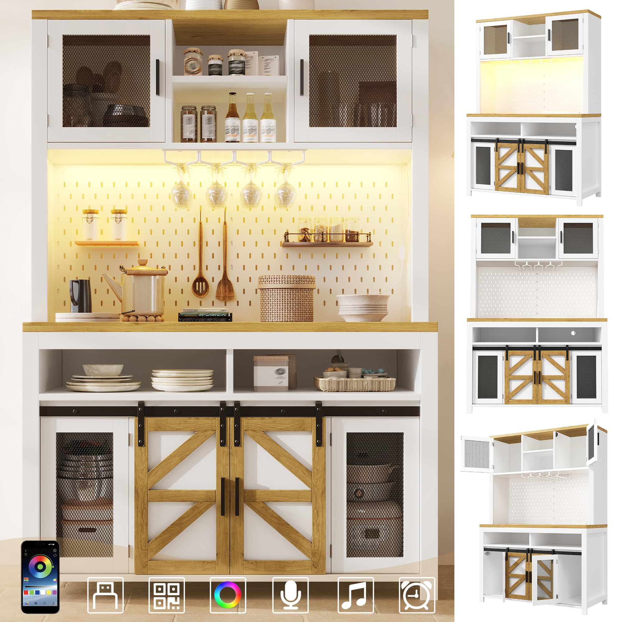 Küchenschrank mit LED-Beleuchtung und USB-Anschluss, Hochschrank mit Multifunktionaler Stauraum, Buffetschrank mit Metallgittertüren und Lochblech, Weiß-B, 120x40x174.5 cm