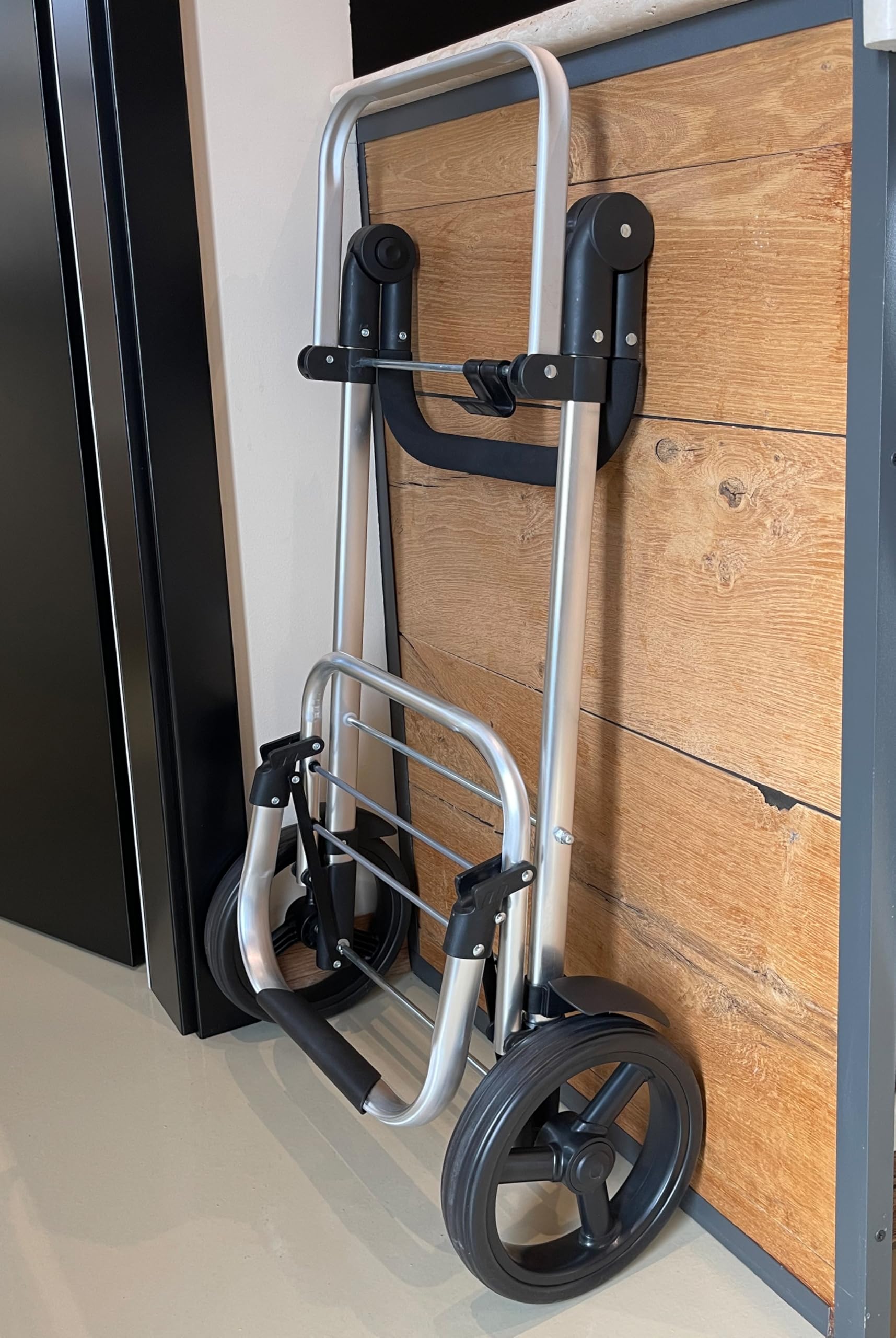 Faltbarer Aluminium Einkaufstrolley 57L (48L + 9L Kühlfach) Grau, 50kg Traglast, 35x45x98cm, Eva Leichtlaufräder Ø20,5cm, Klappbar, Als Sackkarre & Umhängetasche nutzbar, Einkaufswagen Haken