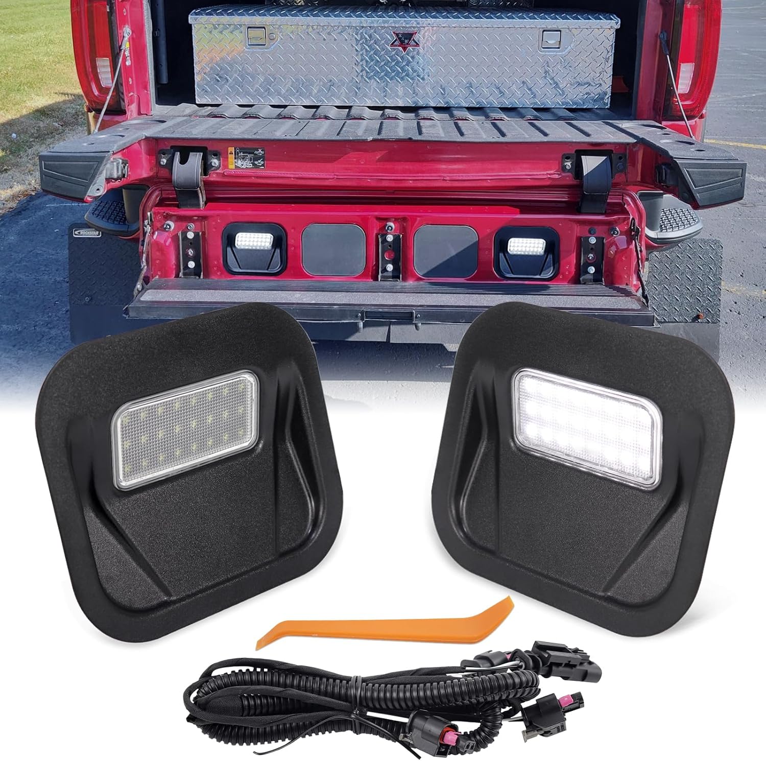 LED Tailgate Step Light Truck Bed Multi-Pro Lamp Assembly for GMC Sierra & Chevy Silverado 1500 2500 3500 HD 2020-2025, 2PCS White With Wiring Harness &Plastic pry bar accessories