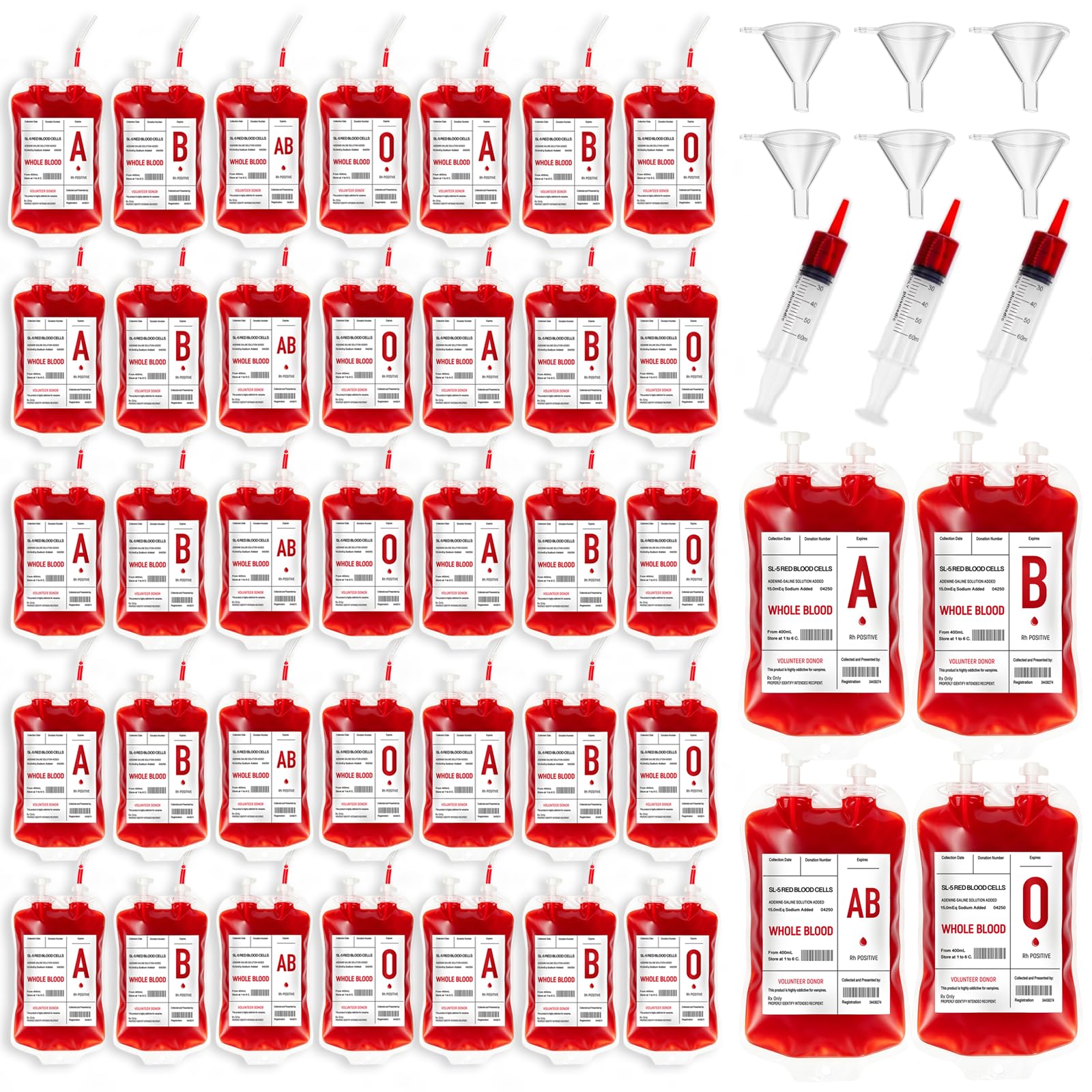 Garma 48 Pack Blood Bags for Drinks, Halloween IV Bag Drinks pouches | 10oz 4 Design Reusable Containers with Syringes funnel Clips Pouch Prop, Vampire Zombie Hospital Theme Party Favors Supplies