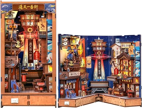 CUTEBEE Book Nook Kit - Japanese Foldable DIY Miniature Dollhouse, Warm LED Bookshelf Alley Decor Model, Building Kit Gifts for Adults Teens Family Friends Tsutenkaku Ichiban Street