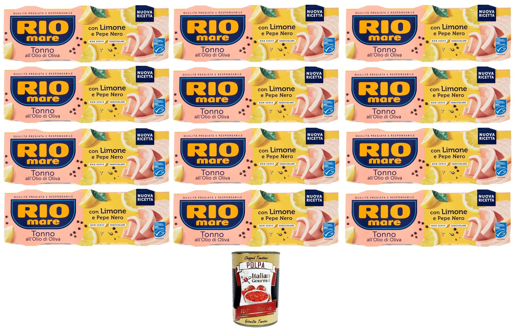 Rio Mare Tonno all’Olio di Oliva con Limone e Pepe Nero Thunfisch in Olivenöl mit Zitrone und schwarzem Pfeffer 12x195gr Packung mit 3 65g-Dosen+ Italian Gourmet polpa 400g