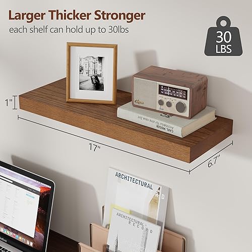 Miniatura 3 de Juego de 3 estantes flotantes de madera rústica, estantes montados en la pared de madera maciza para decoración y almacenamiento de pared, estantes