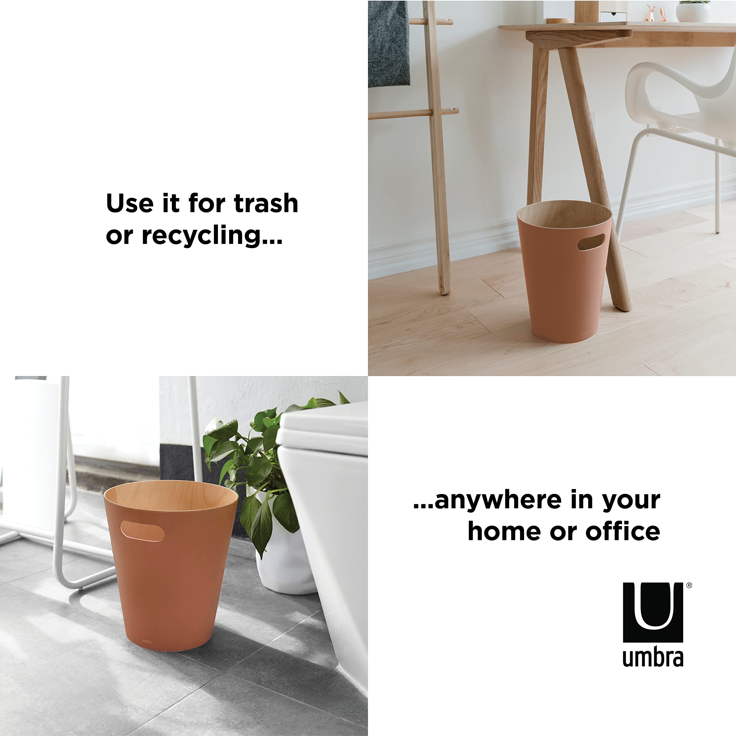 Umbra Woodrow nowoczesny drewniany kosz na śmieci, kosz na śmieci, kosz na śmieci lub kosz do recyklingu do domu lub biura, Sierra