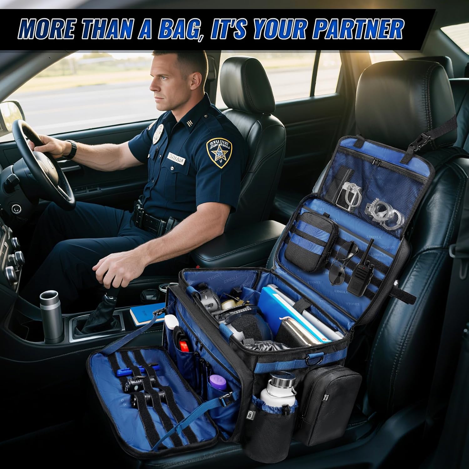 Patrol Bag Law Enforcement, Extra Large Police Gear Bag for Car Front Seat Organizer with a MOLLE Pouch & 15.6In Laptop Layer, Multiple Compartments Police Duty Bags Fit Vehicle Passenger Seat, Black