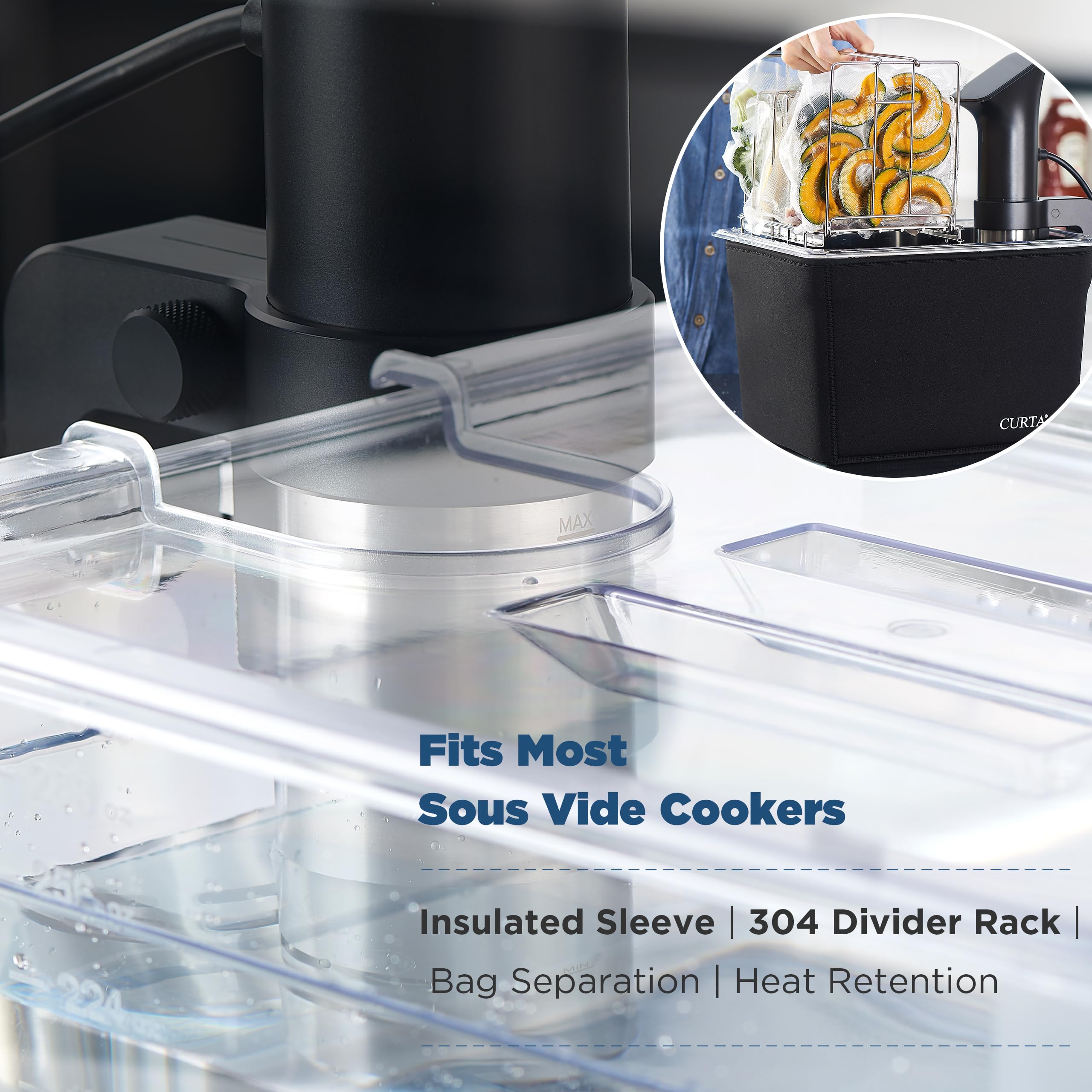 CURTA 12 Qt Sous-Vide-Behälter-Set mit eingekerbtem Deckel, Trennwand und Isolierhülse, 1,27 cm tiefes Polycarbonat-Wasserbad, passend für Anova und die meisten Herde (Tauchzirkulator nicht im