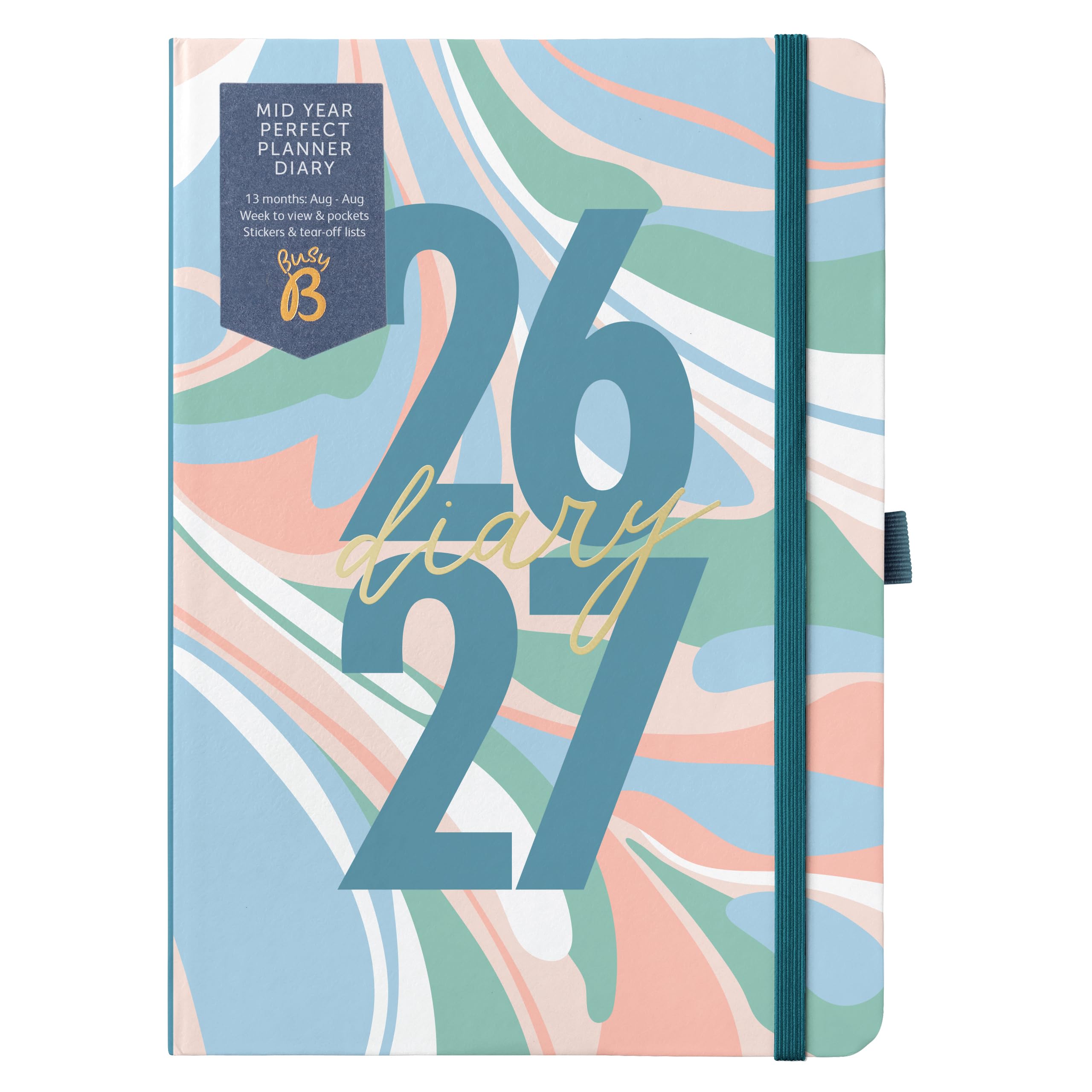 Busy B A5 Weekly Diary - Mid-Year Academic Planner - Aug '26 - Aug '27 - Marble Cover - Week to View Academic Planner with Stickers, Pen Loop & List Pad