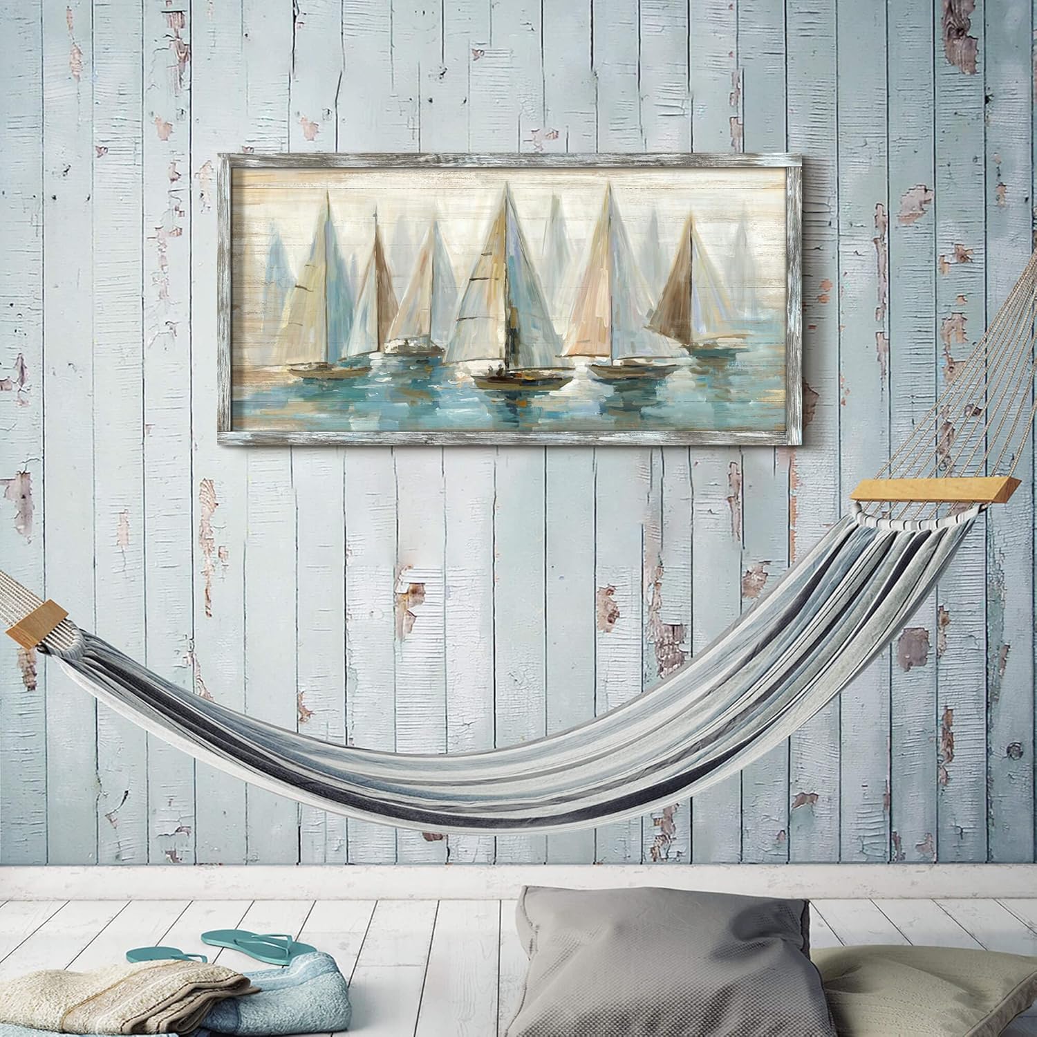 Beach Pictures Wall Decor Framed: Large Coastal Artwork Sailboat Picture Wall Art Abstract Painting on Ocean Seaside Wooden Art for Bedroom(48x24)