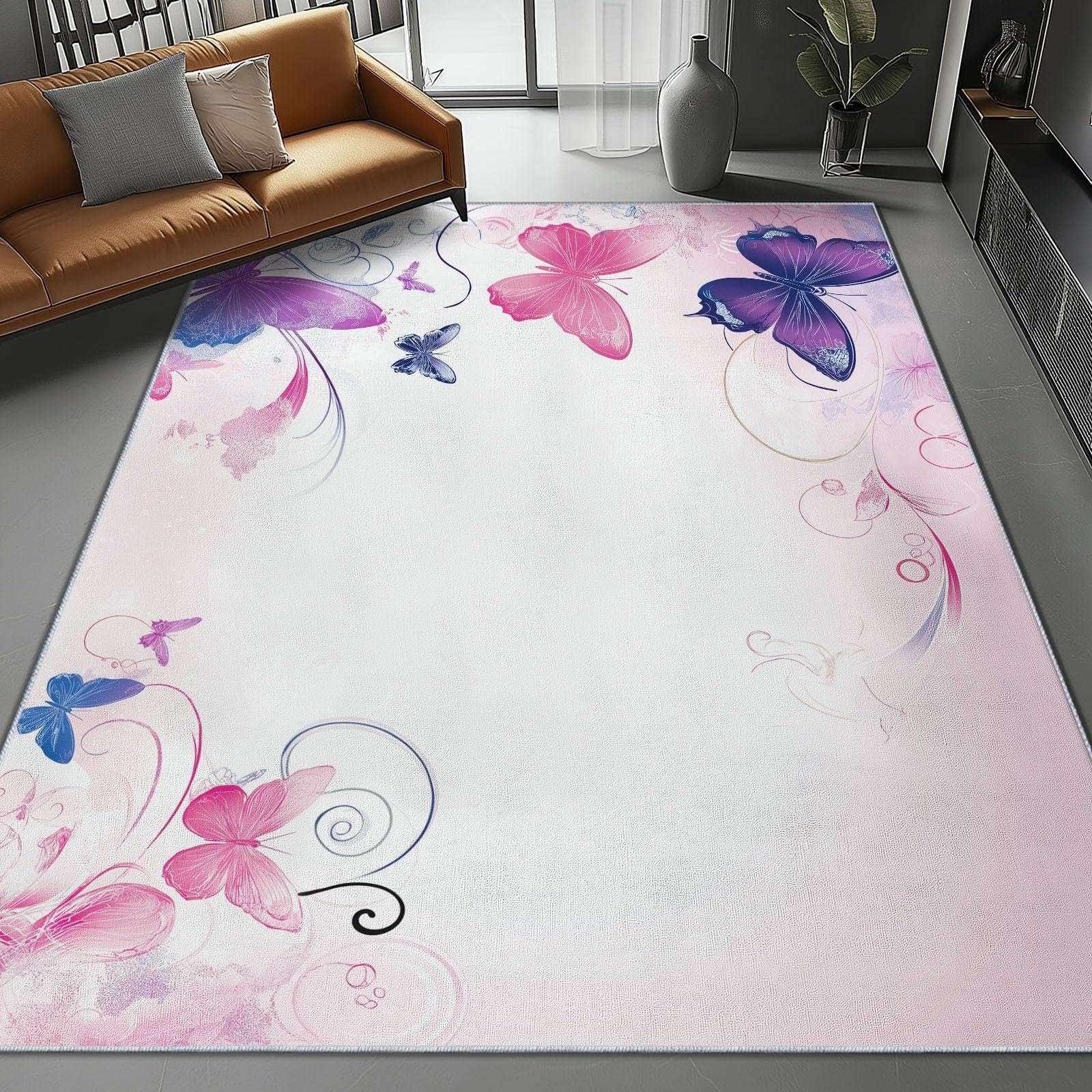Tapis de chambre fille moderne doux lavable rose violet papillon 100x150cm