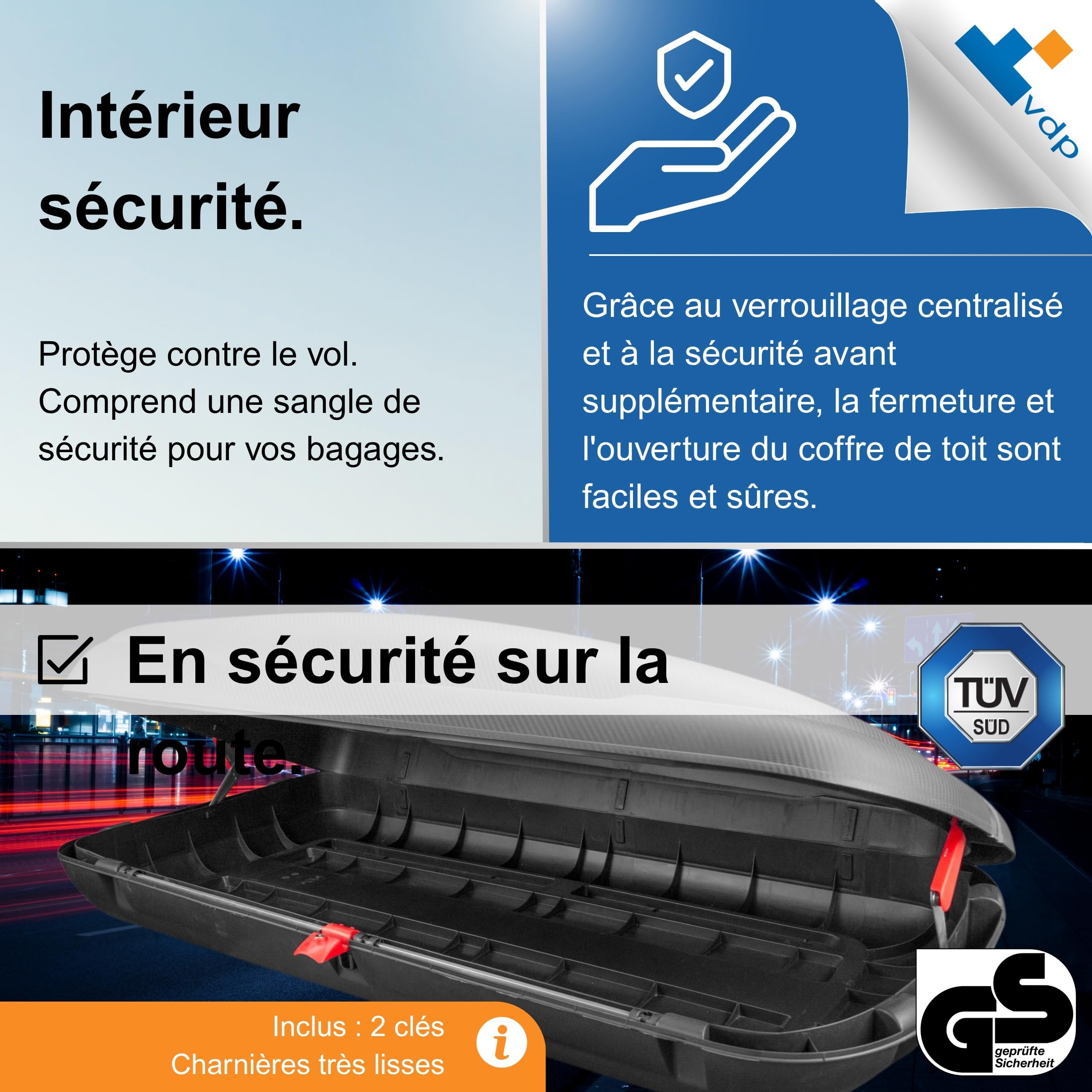 VDP-BA400 Coffre de toit de voiture avec accessoires - Coffre de toit - Aspect carbone - Verrouillage central verrouillable - Universel pour voiture van SUV 400L