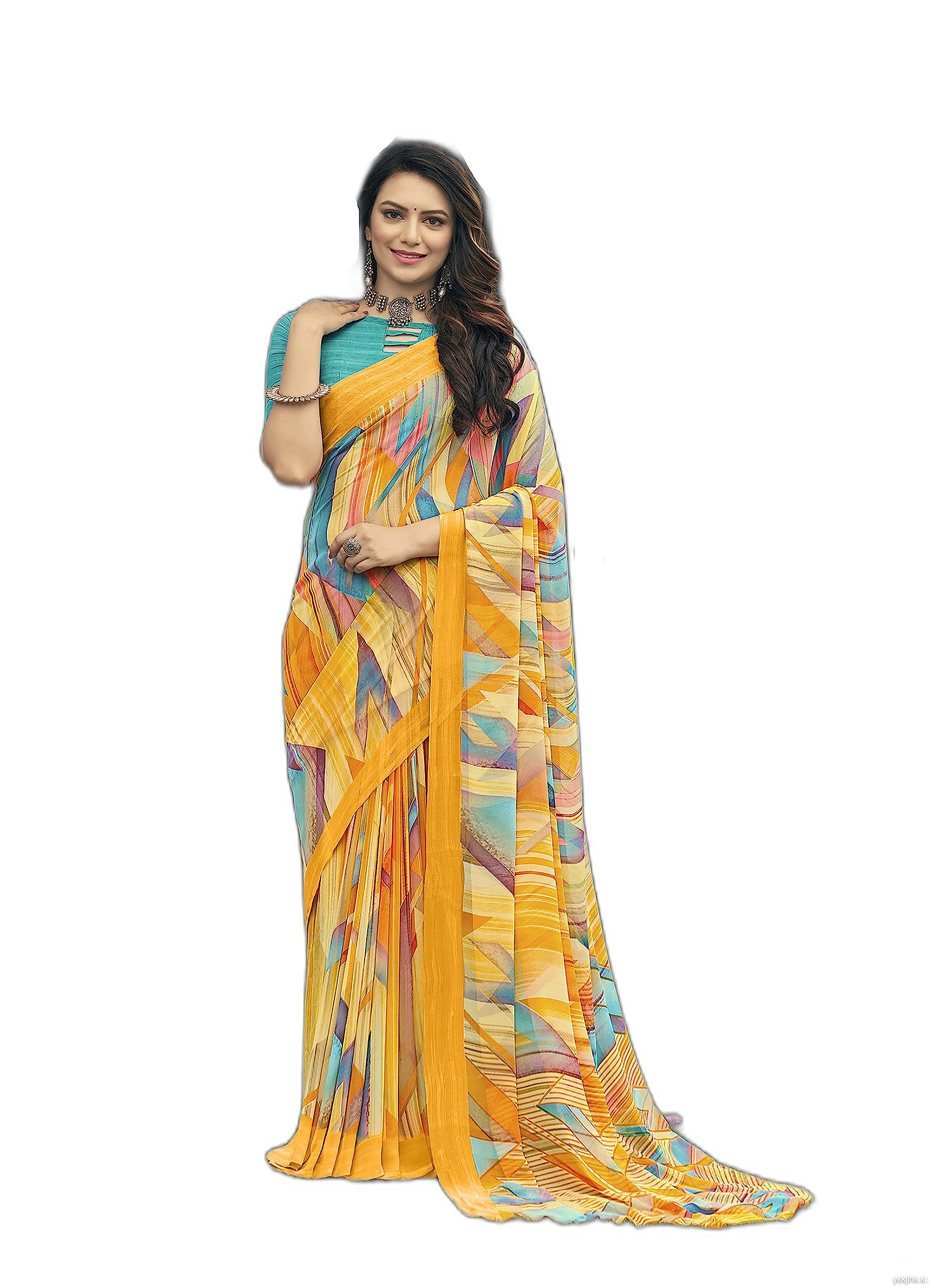 Jaanvi fashionWomen's Traditional Printed Georgette Saree With Unstitched Blouse Piece