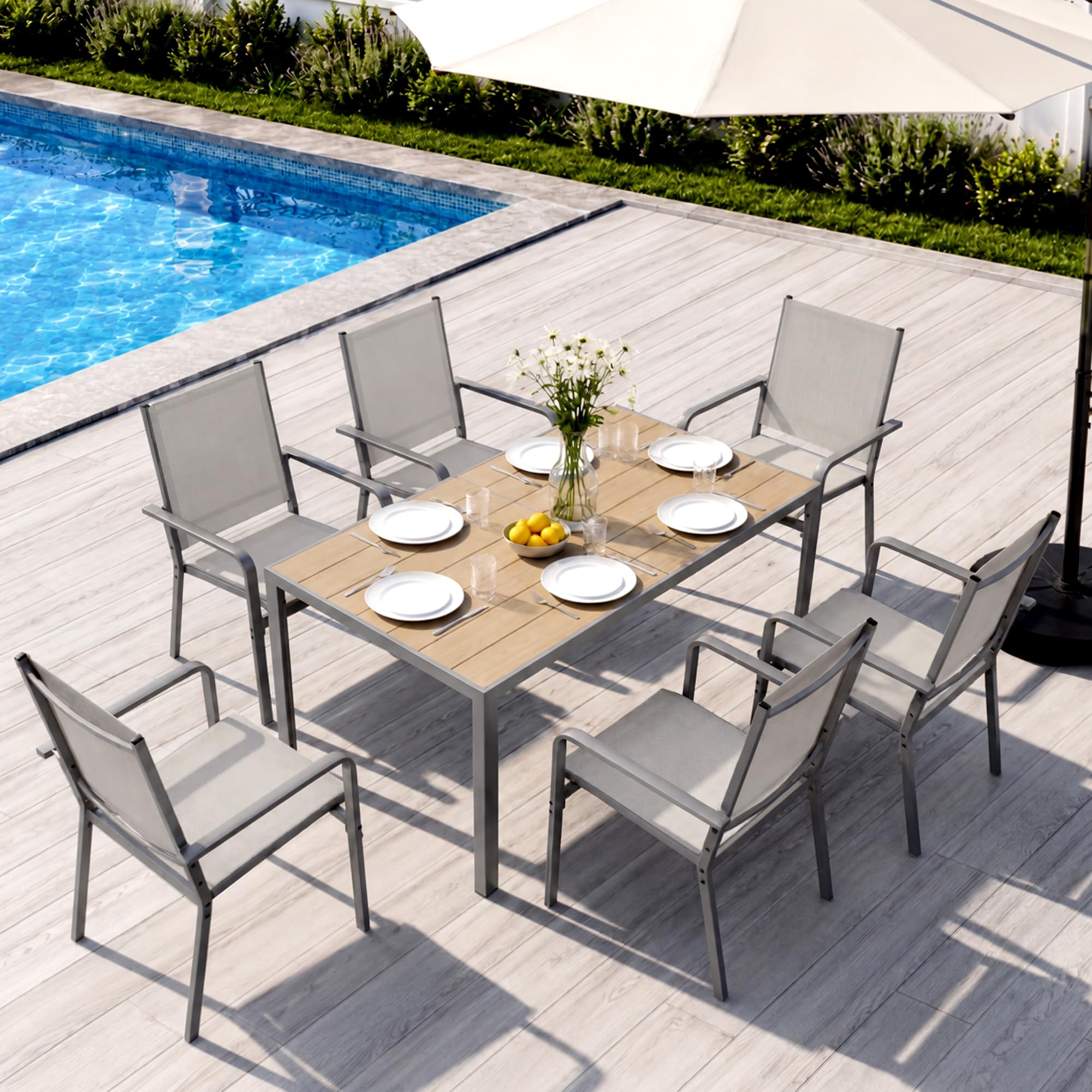Xbro Gartenmöbel Set 6 Personen, 7-teiliges Gartenmöbel Set 6 Stühle mit Tisch, Gartentisch mit Stühlen Set, Terrassenmöbel Wetterfest, Stapelbare Textilene Gartenstühle für Garten, Balkon
