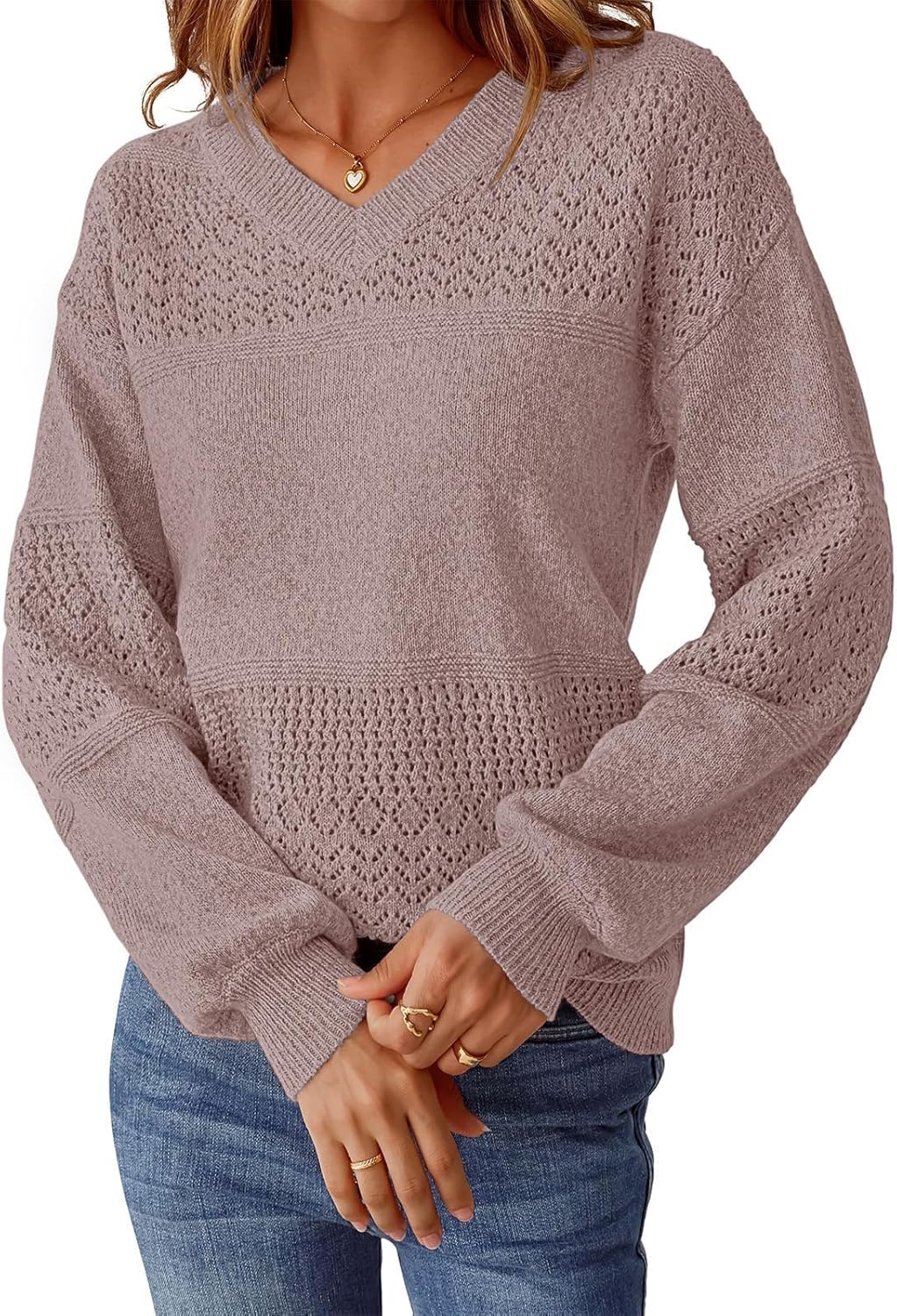 NORACORA Women's V Neck Sweaters Crochet Soft Lightweight Knit Loose Pullover Sweater Long Sleeve Fall Top 2025 Outfits - Image 3