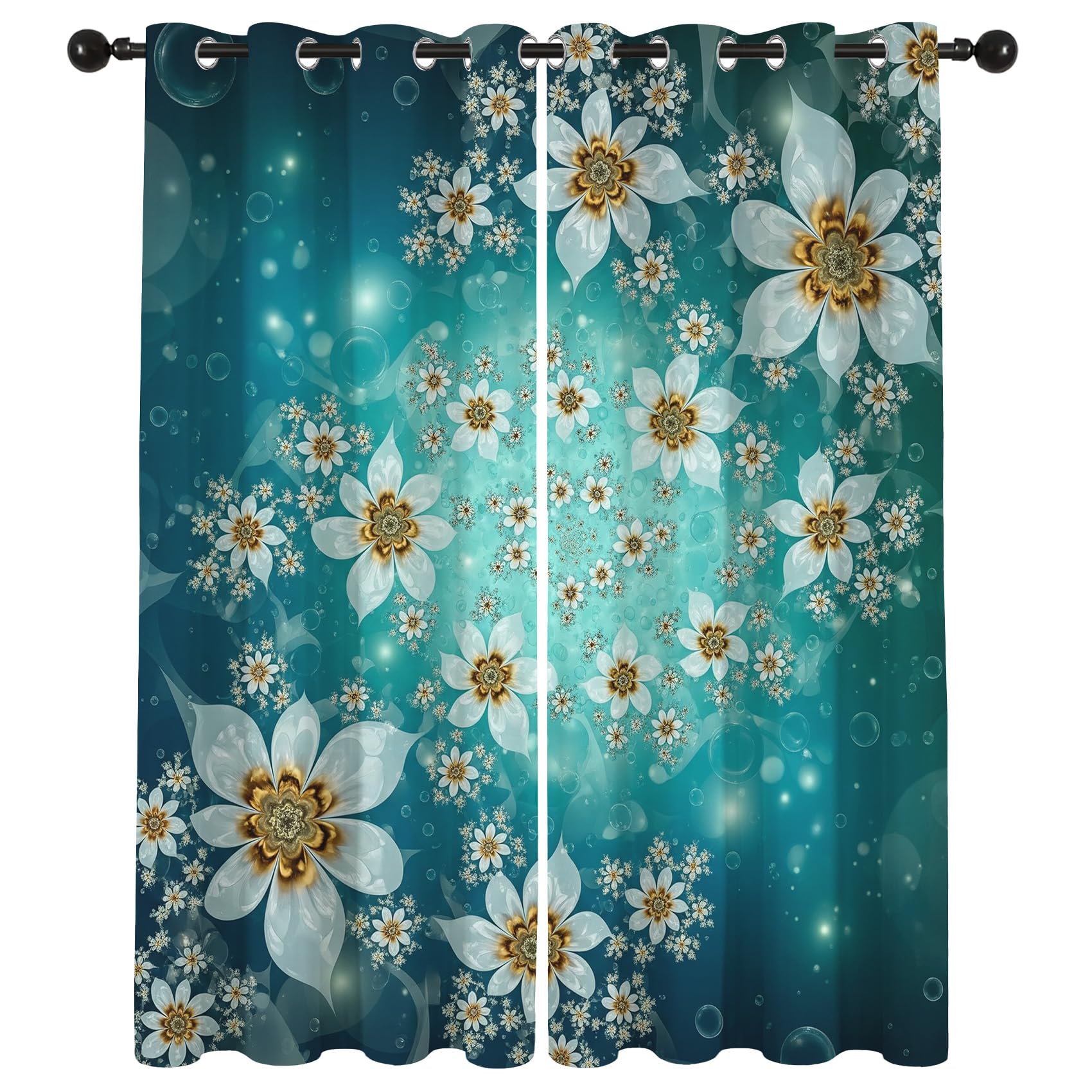 Türkis 3D Blumen Vorhänge Blickdicht mit ösen Fantasie Mädchenzimmer Gardinen Wohnzimmer Verdunklungsvorhänge für Schlafzimmer Fenster Vorhang 137 cm Lang 2er Set