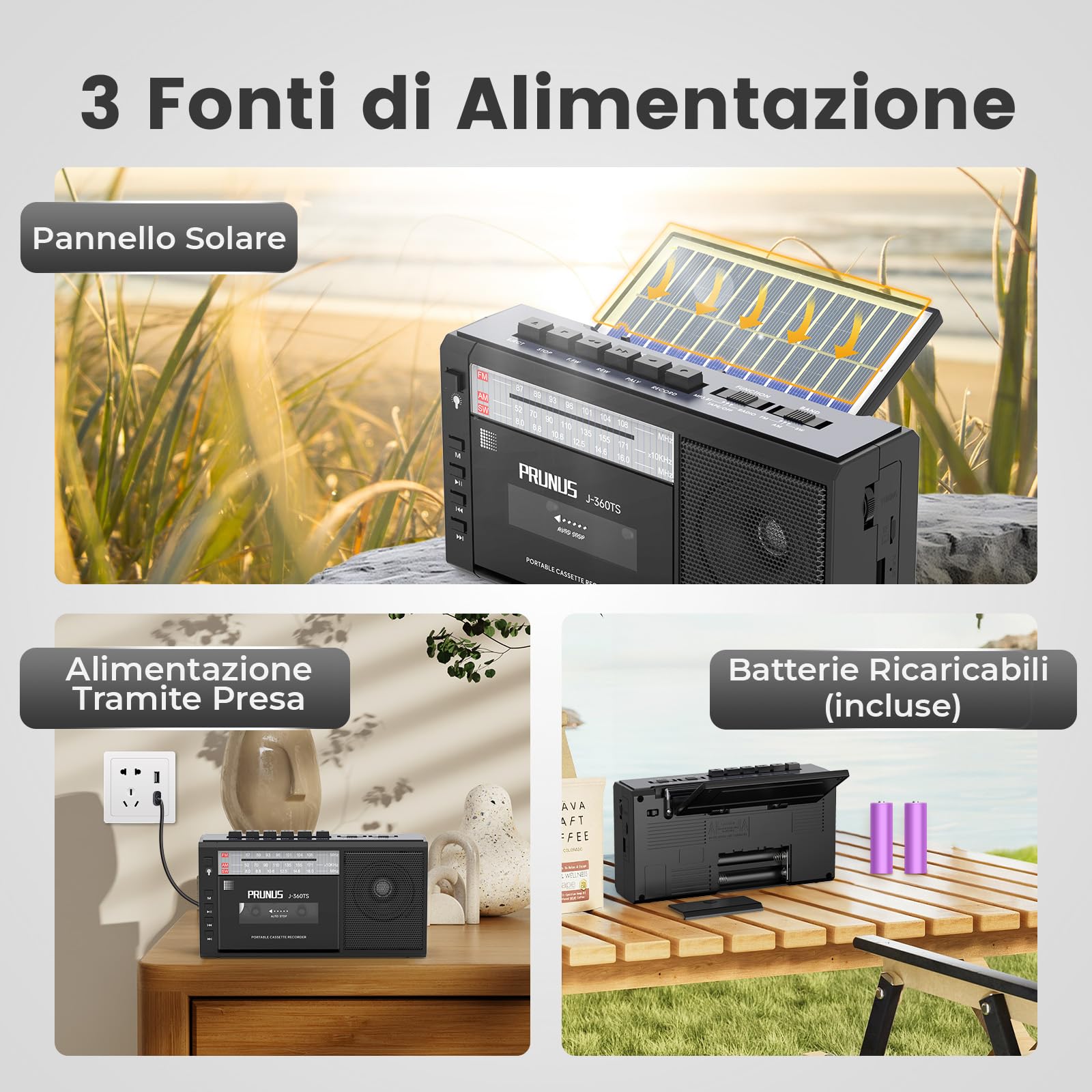 PRUNUS J-360 Radio Cassette AM/FM/SW Portatile con Bluetooth, Solare/Batteria Ricaricabile, Torcia, USB, TF Card
