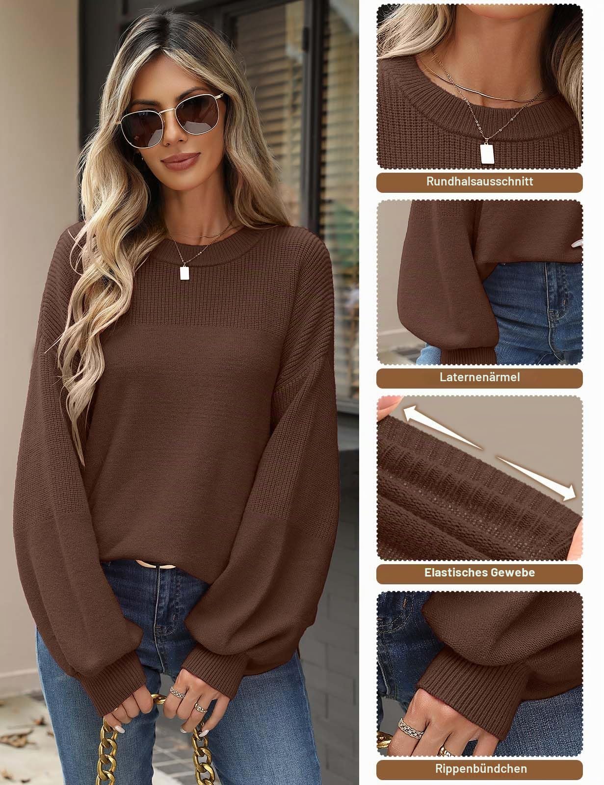 Pullover Damen Oversize Strickpullover Winter Herbst Oberteile Lose Rundhals Warm Pulli Geripptes Outwear Pullover Lang Sweatshirt Langarm aus Strick Casual