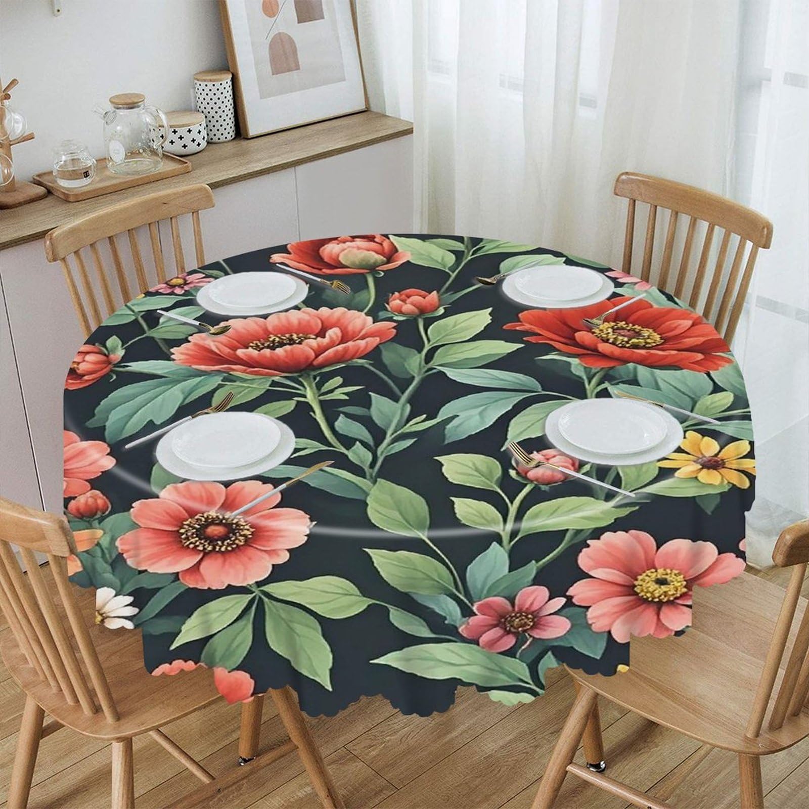 LZQPOEAS Lots of Flowers Round Tablecloth Rustic Circle Table Cloth Wrinkle Resistant Decor Tablecloth Waterproof Washable Table Cover for Kitchen Party Dining Table 60 Inch