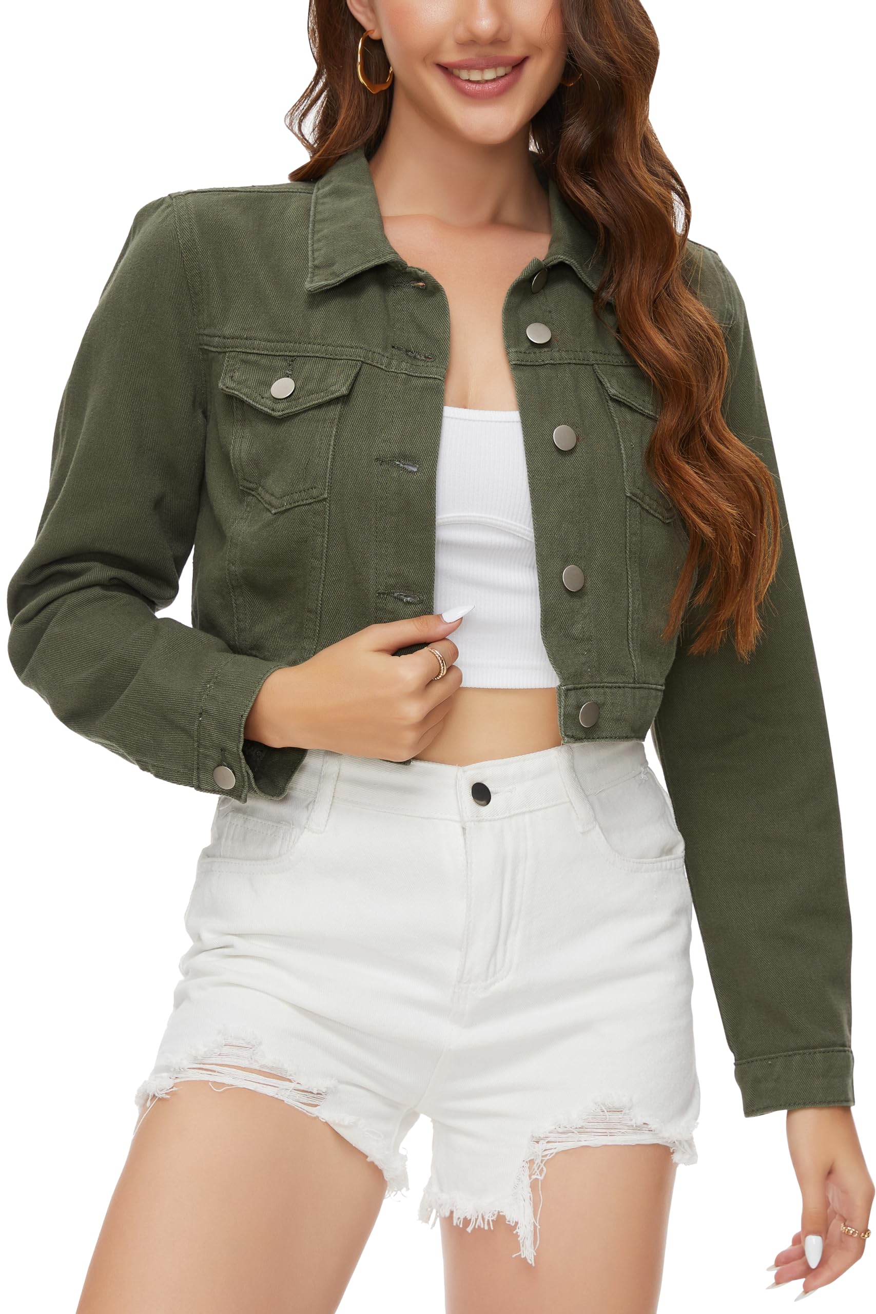 PEIQI Women’s Cropped Jean Denim Jacket Button Down Long Sleeve with Pockets