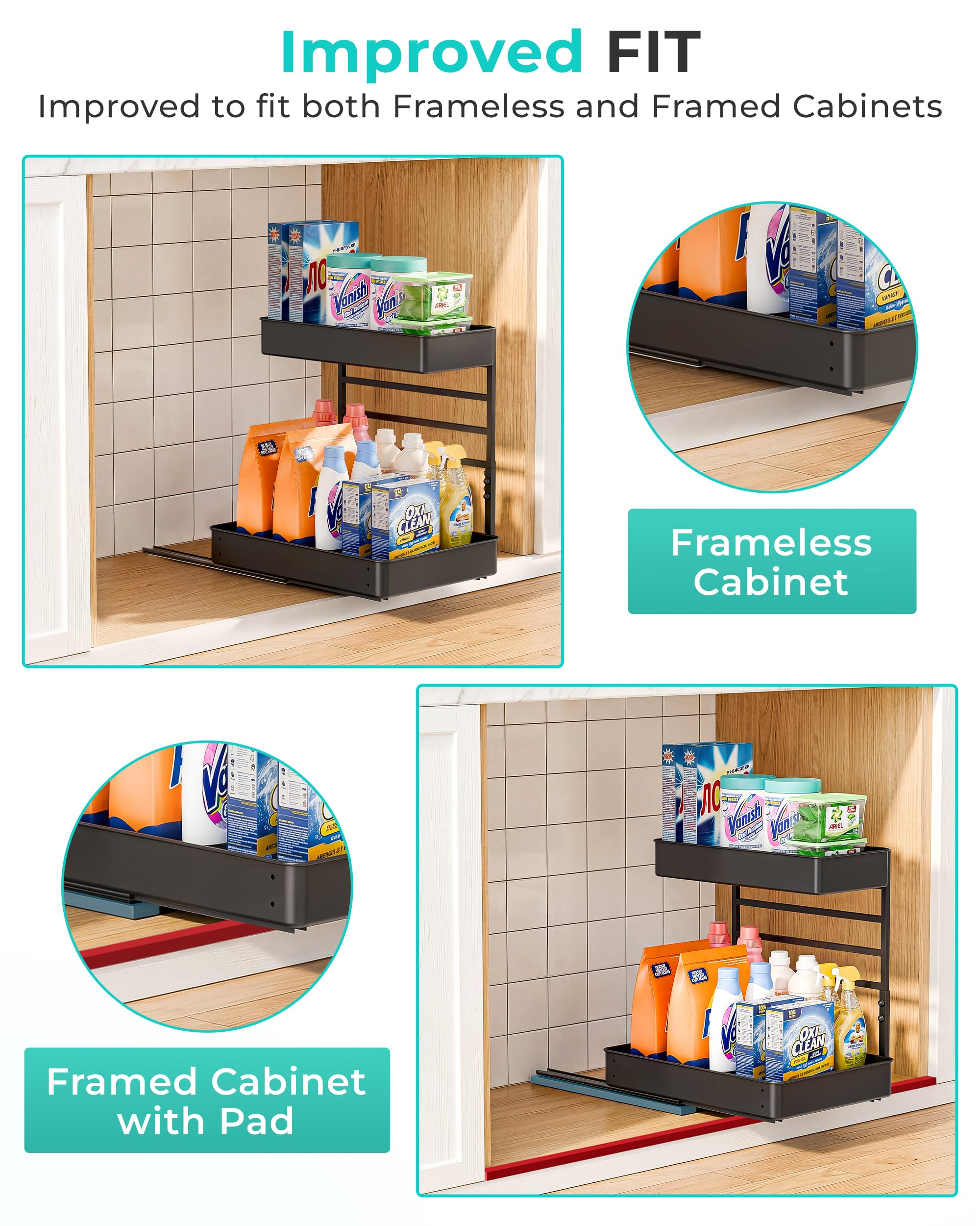 Everie Ausziehbares Regal für die Organisation unter der Spüle in Küche, Bad, Theke, Schränke (schwarz, 1 Set)