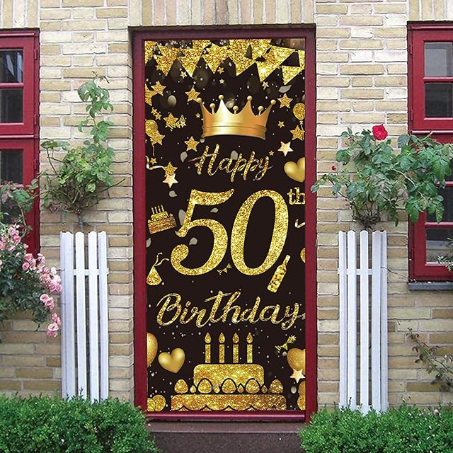 Adisno 50th Birthday Party Decorative Door Cover, Photo Booth Background Door Cover, Fabric Birthday Door Cover Sign, Backdrop and Door Banner for 50 Birthday Party Favor, Anniversary