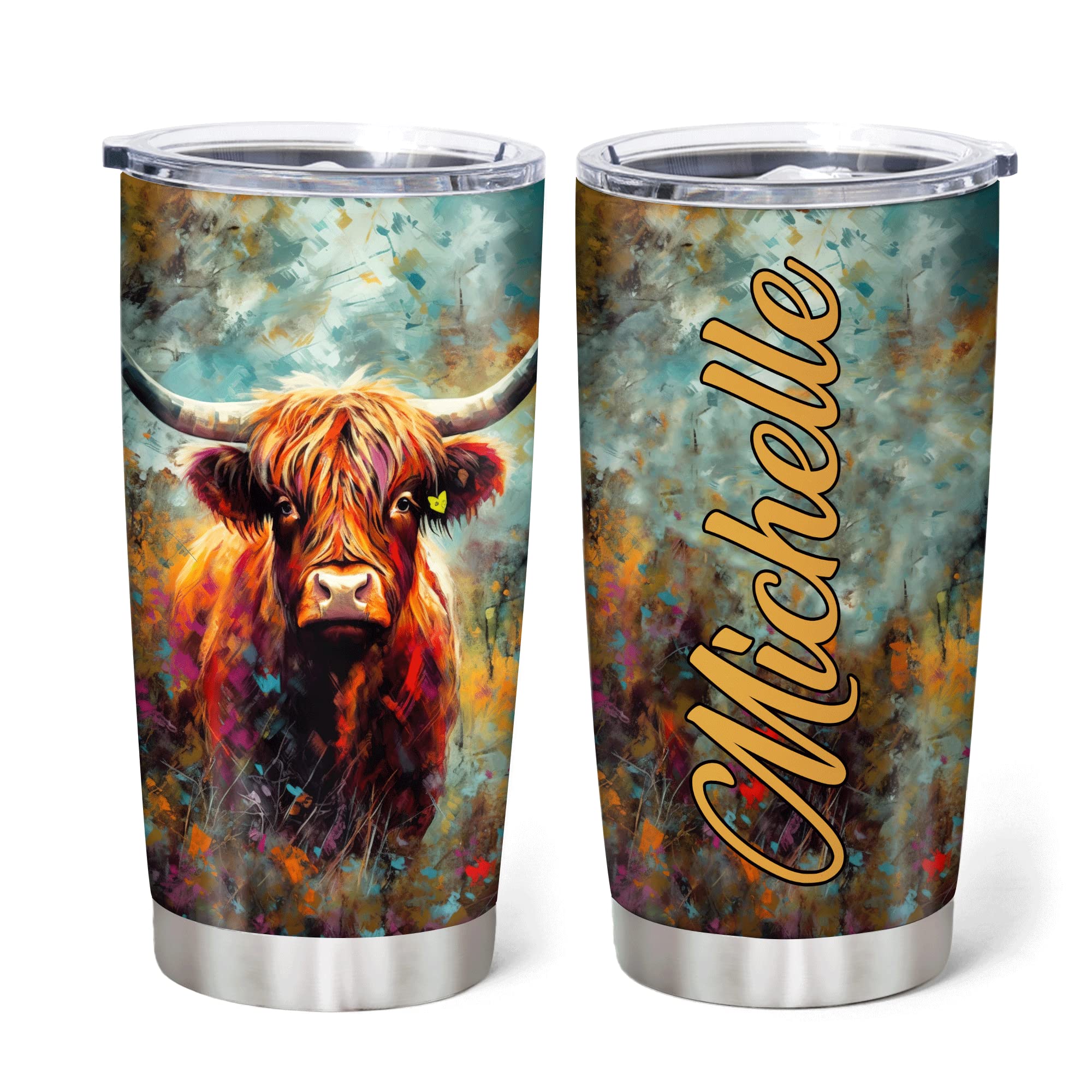 Hyturtle Personalized Gifts For Highland Cow Lover - Birthday Christmas - Highland Cow Print Custom Name Stainless Steel Tumbler 20oz With Lid - Farm Lover Gifts For Her Women Girl Daughter Friend