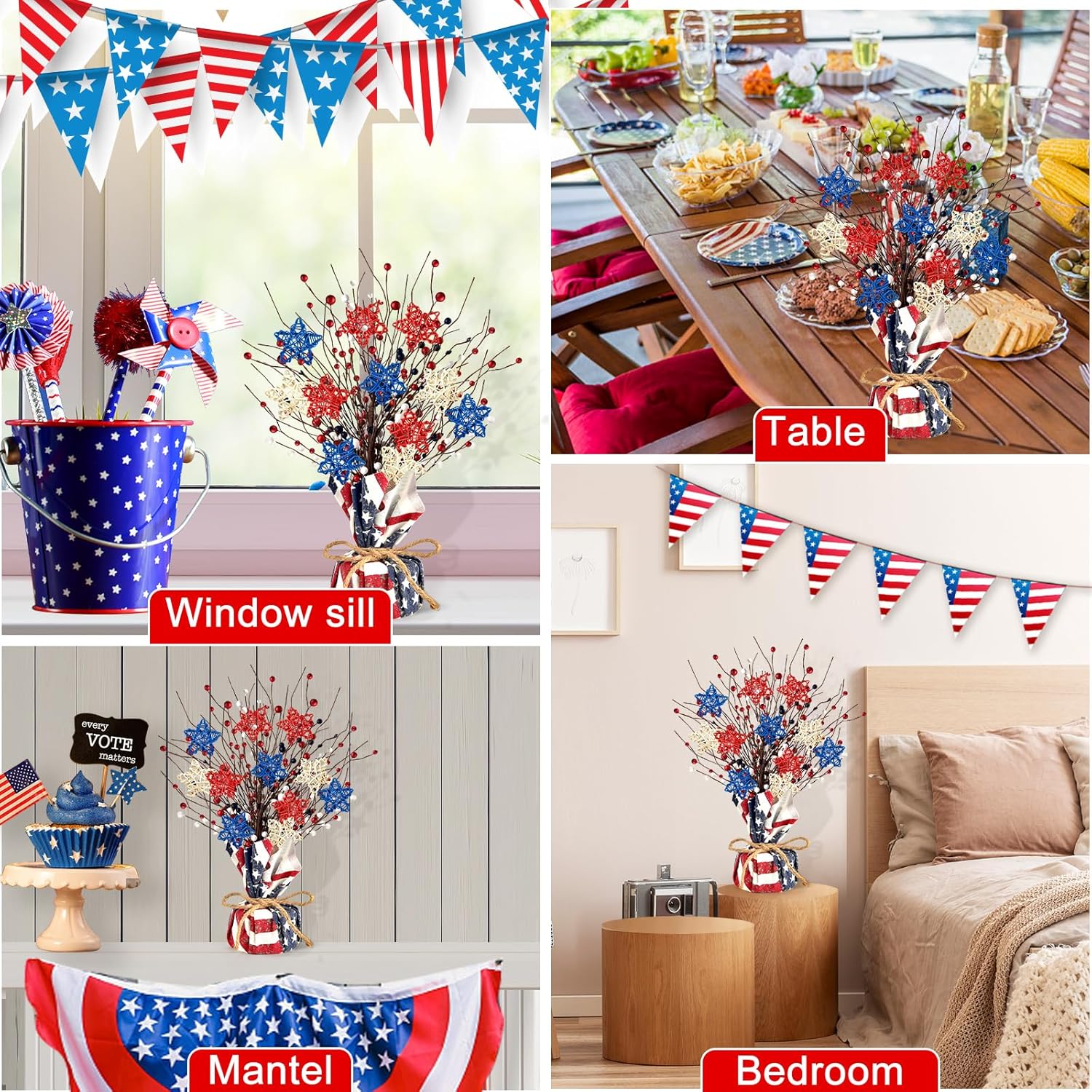2 Pcs 4th of July Artificial Tree Tabletop Decor Patriotic Tree Red Blue White Artificial Berry Stem Picks Star Shaped Rattan Balls America Flag Cotton Base Farmhouse Tree for Independence Day