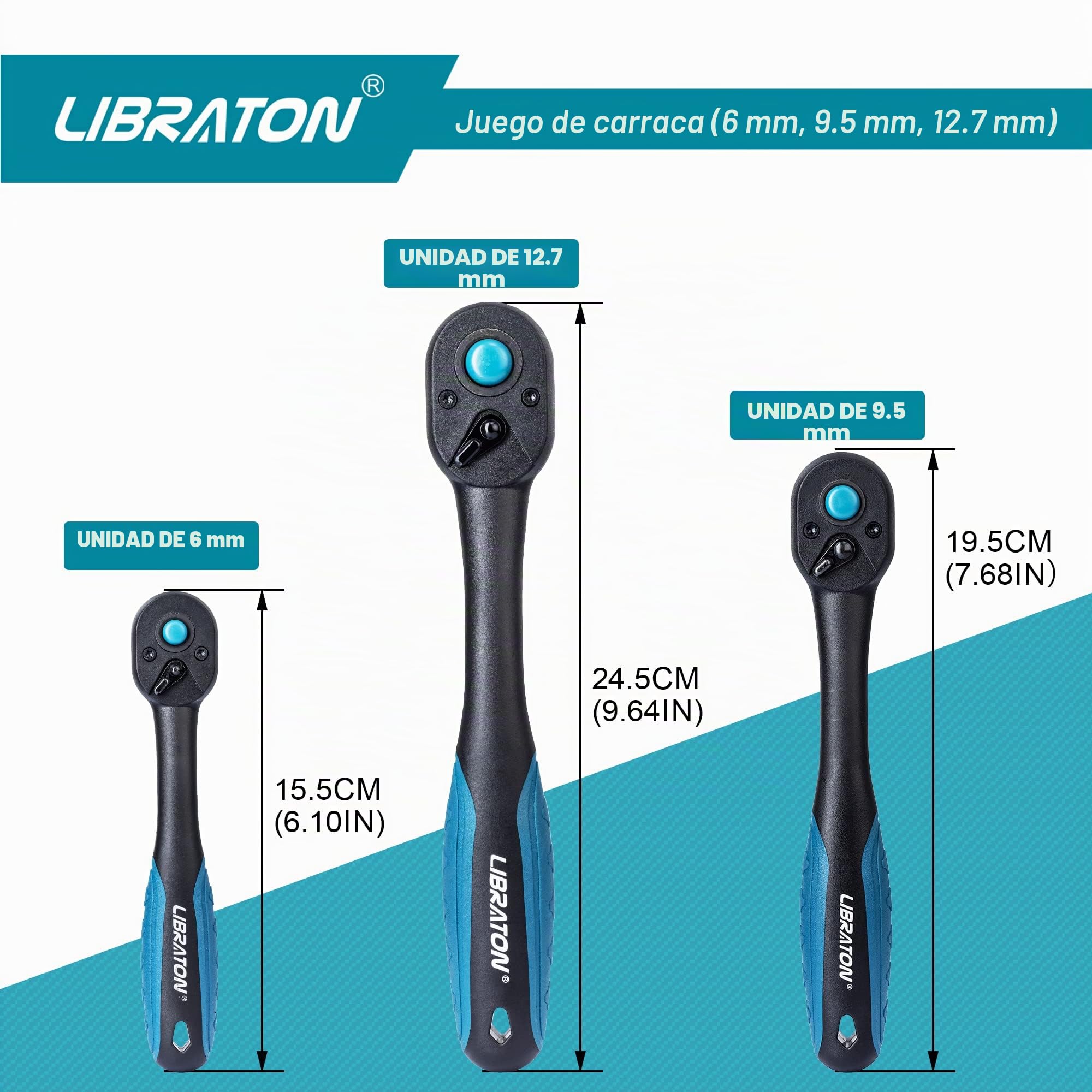 LIBRATON Trinquete Reversible, Trinquete Mango de Liberación Rápida, Juego de 3 piezas de trinquete de 1/2 "3/8" 1/4", 72 Dientes, para Reparación de Automóviles