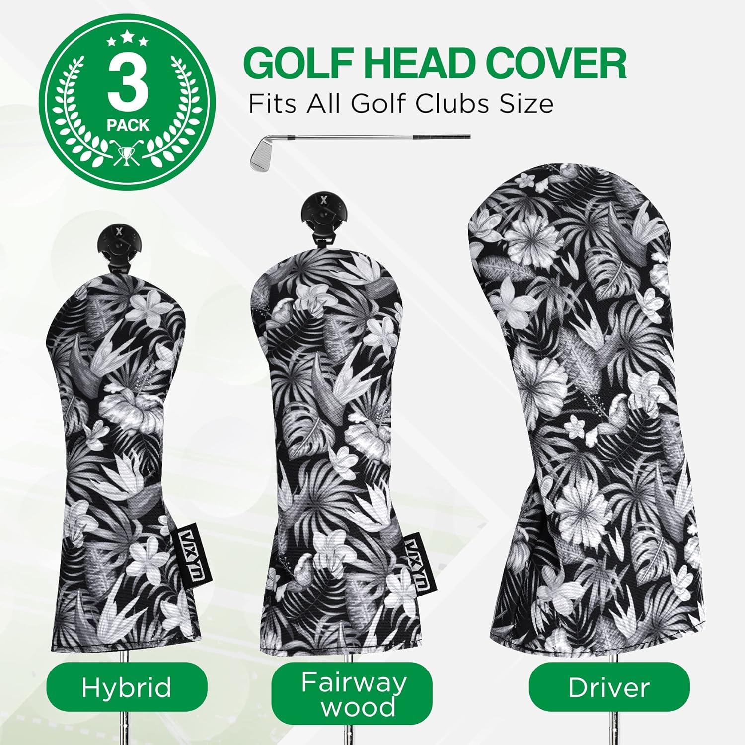 VIXYN Golf Club Cover and Mallet Putter Cover Bundle Set - 4 Pack Golf Club Covers for Driver, Woods, Hybrid, and Mallet Putter (Black Floral)