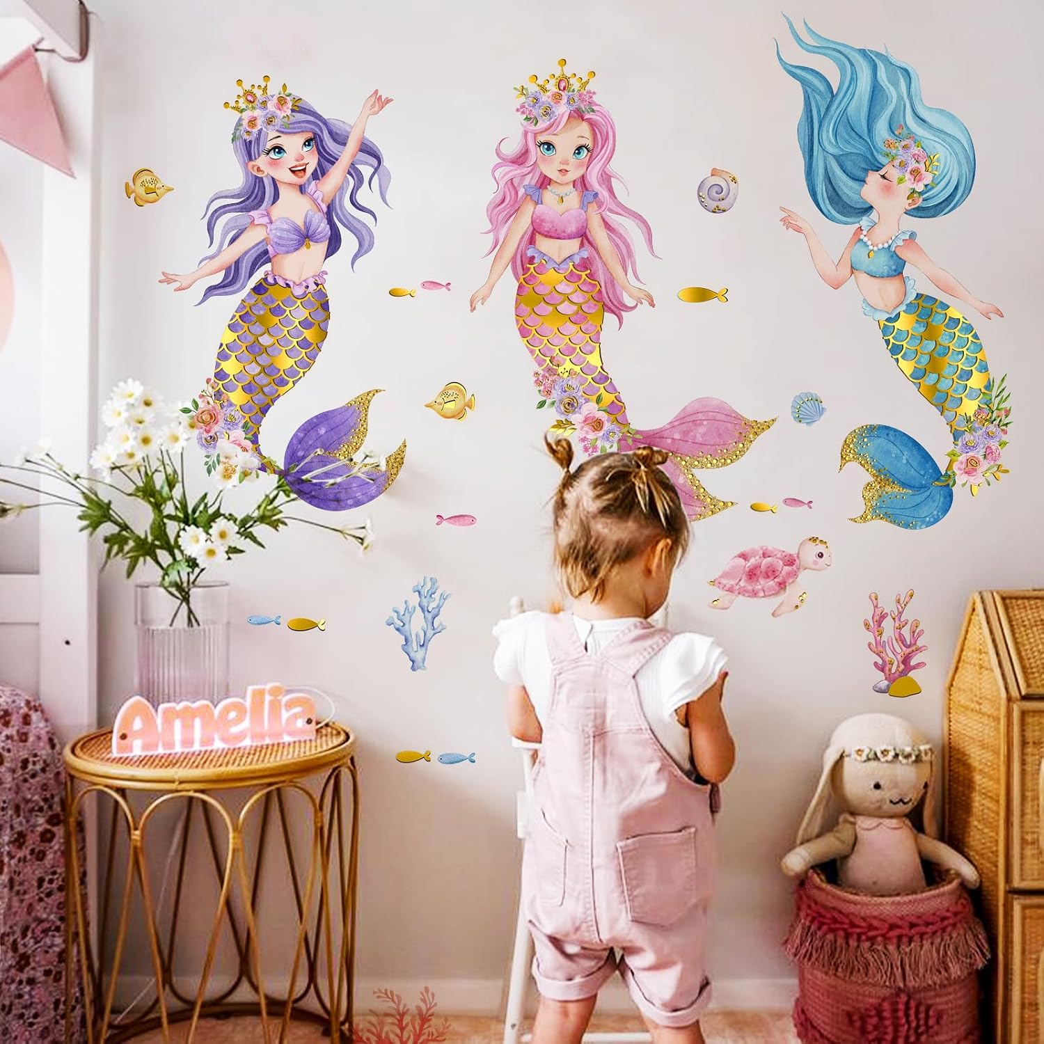 Watercolor Mermaid Wall Stickers Colorful Under The Sea Ocean Fish Wall Decal Peel and Stick Kids Bedroom Bathroom Decor