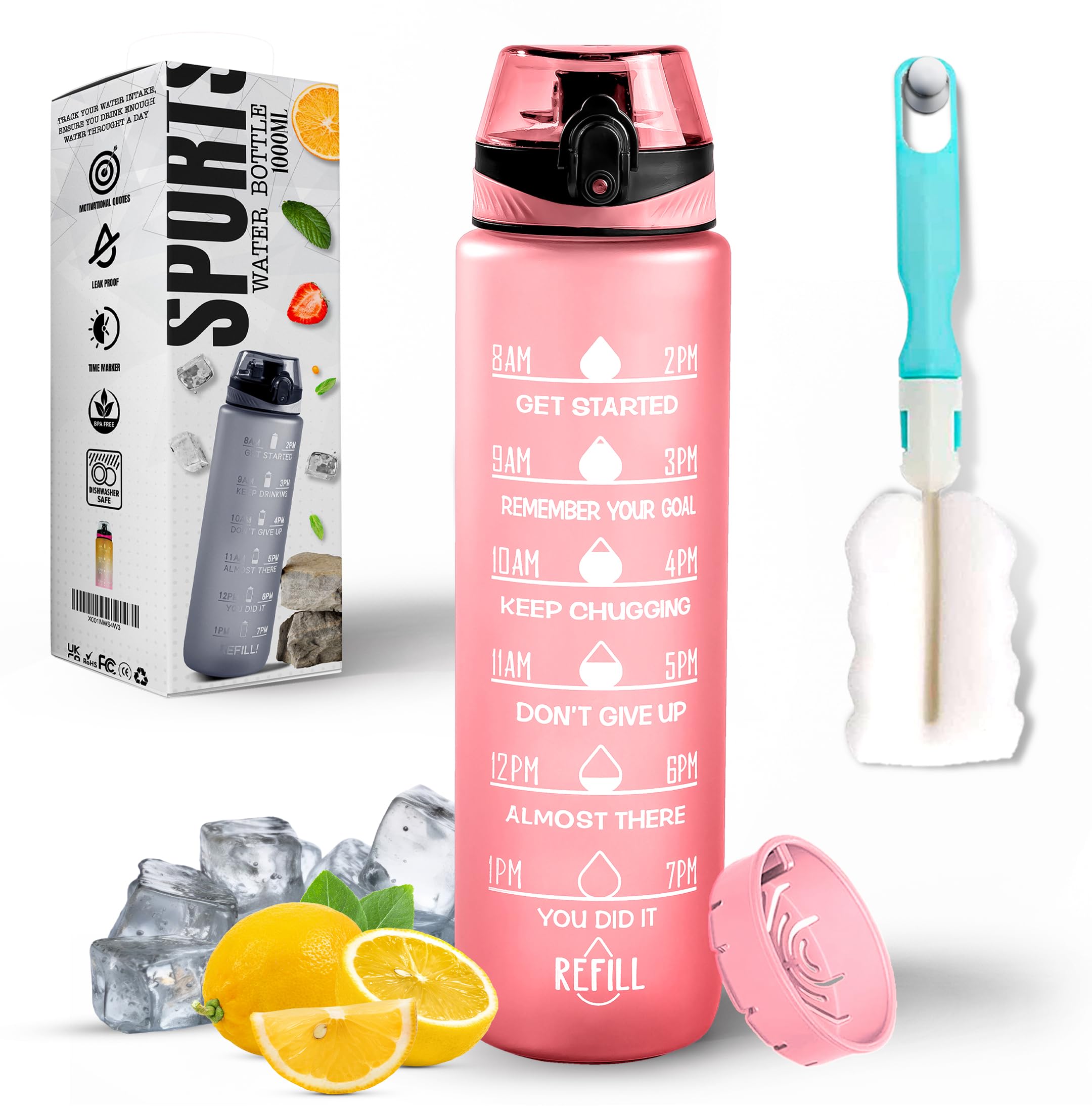 Roe Tenpo Water Bottle 1L, Sports Water Bottle with Time Markings, BPA-Free, Leak-Proof Drinks Bottle
