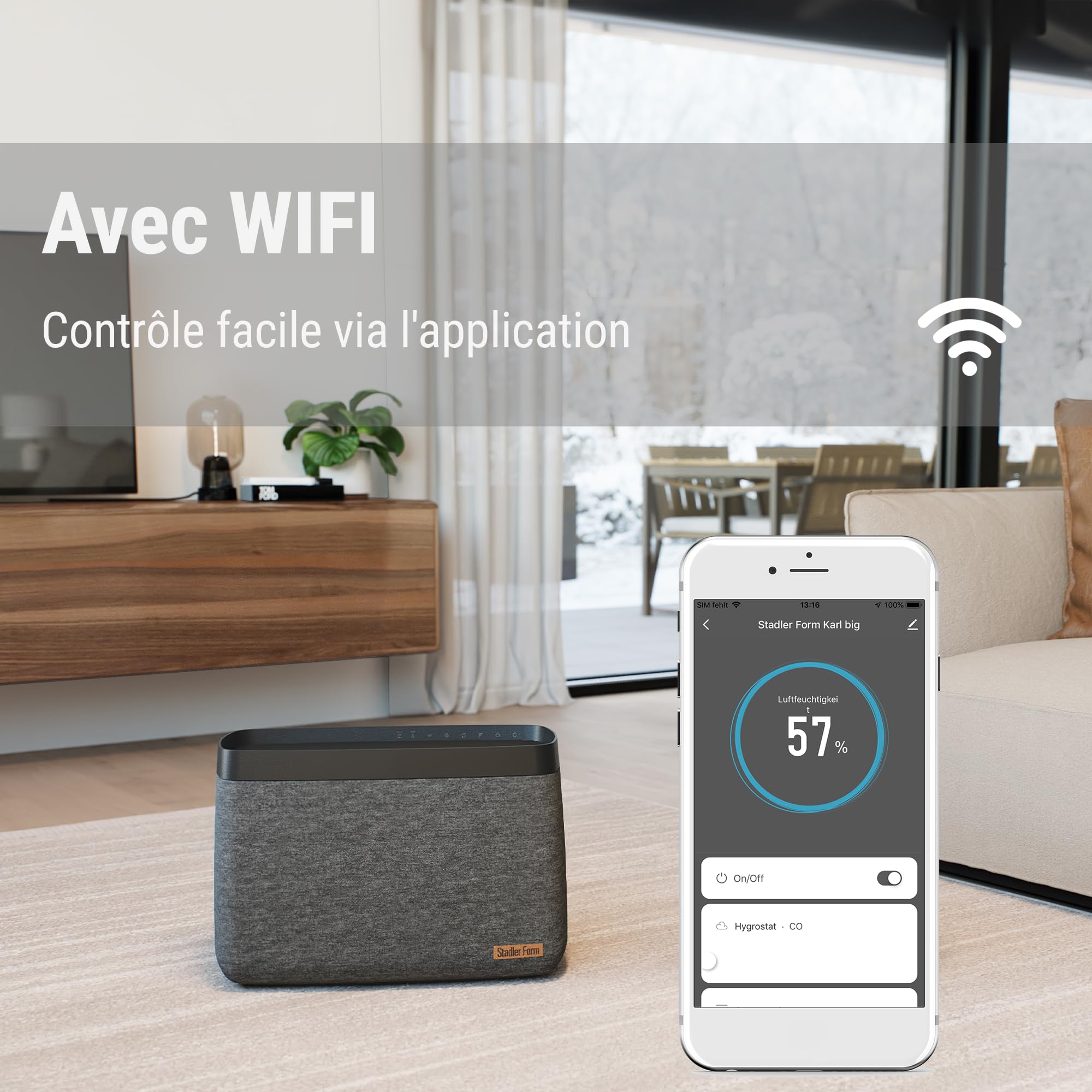 Karl big humidificateur d’air de Stadler Form évaporateur puissant permettant d’humidifier des pièces atteignant 150m2, réservoir d’eau de 10 litres, configurable par appli, noir